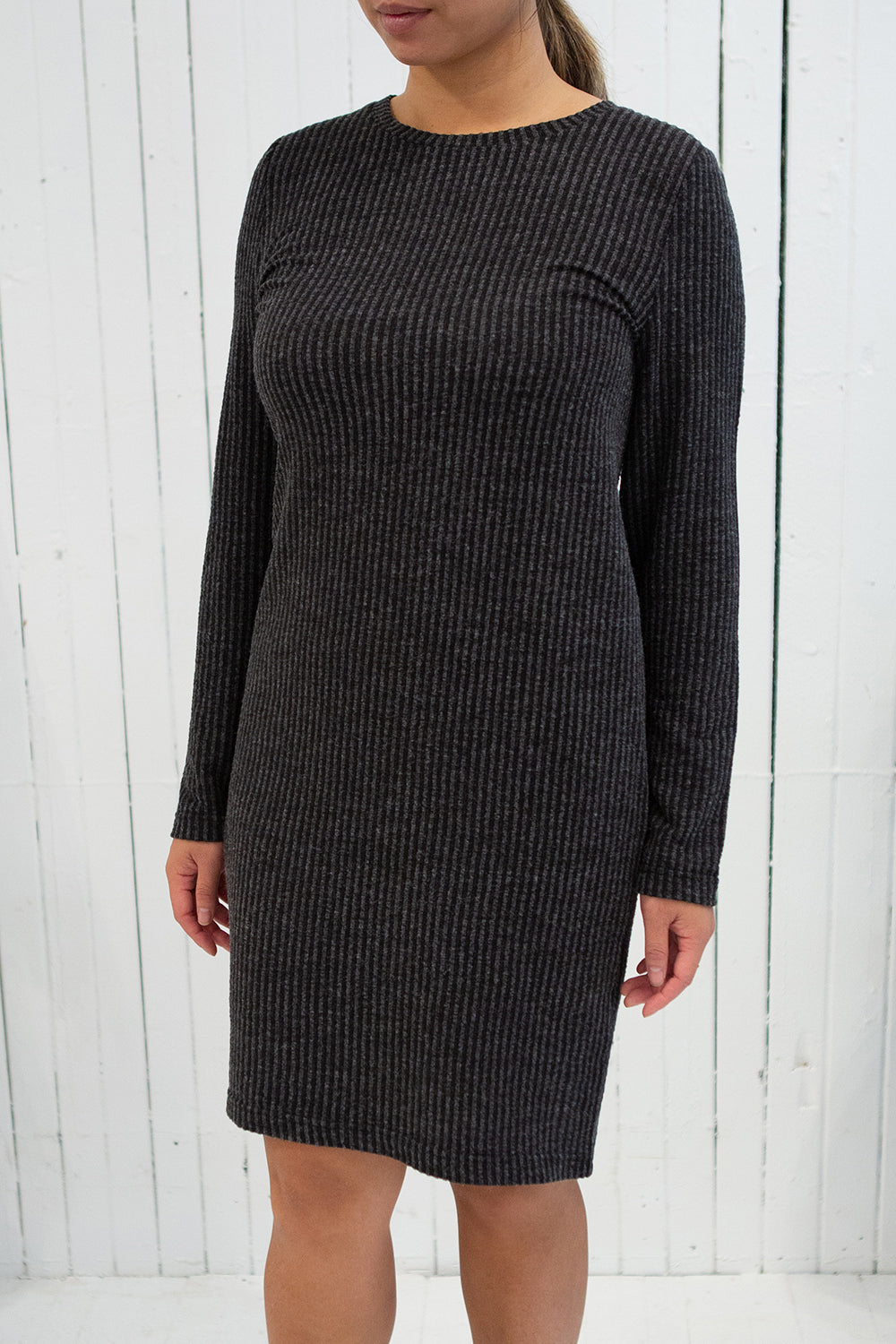 Lancut Grey Vertical Lines Short Dress | La petite garçonne