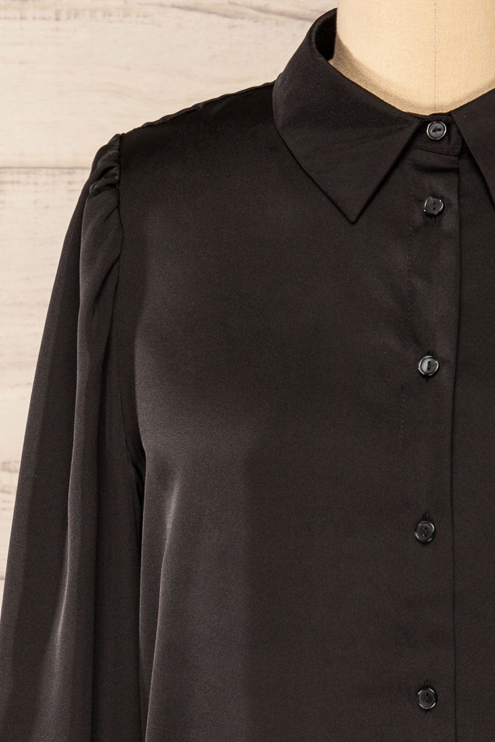 Lasatine Black Satin Shirt w/ Puff Sleeves | La petite garçonne fornt close-up