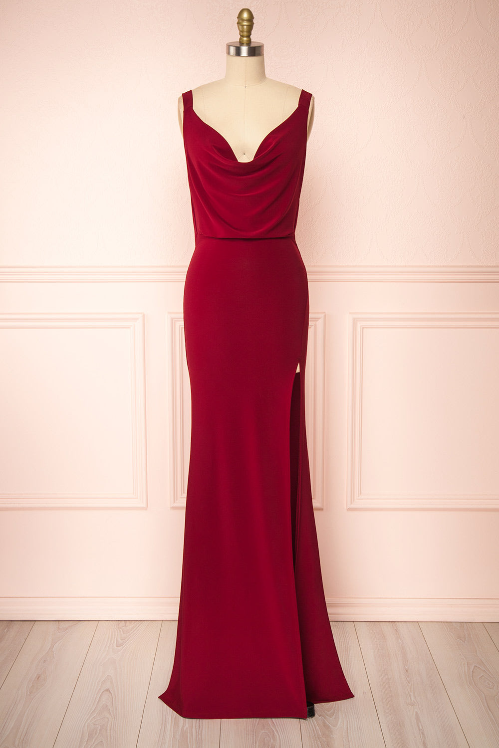 Laurie Burgundy Cowl Neck Maxi Dress w/ Open Back | Boutique 1861 front view