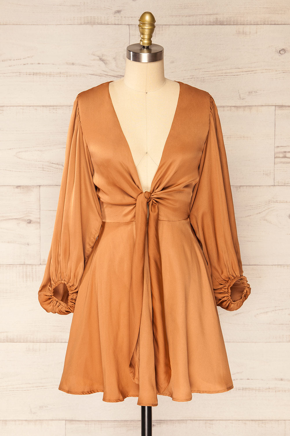 Lauvhe Caramel Tie-Front Short Satin Dress | La petite garçonne front view