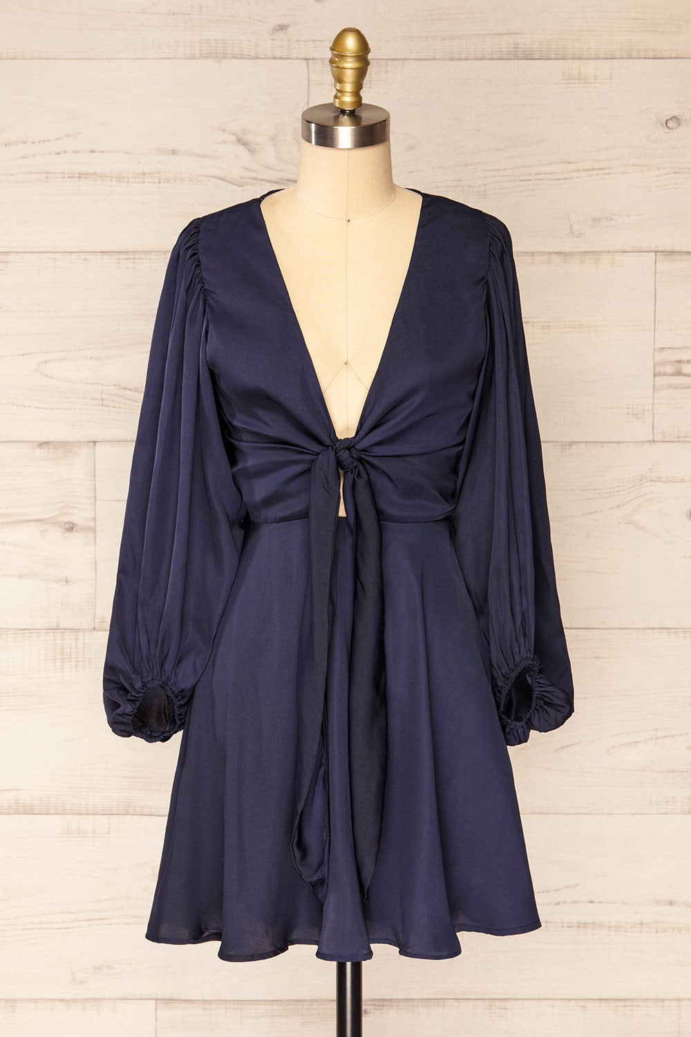 Lauvhe Navy Tie-Front Short Satin Dress | La petite garçonne front view