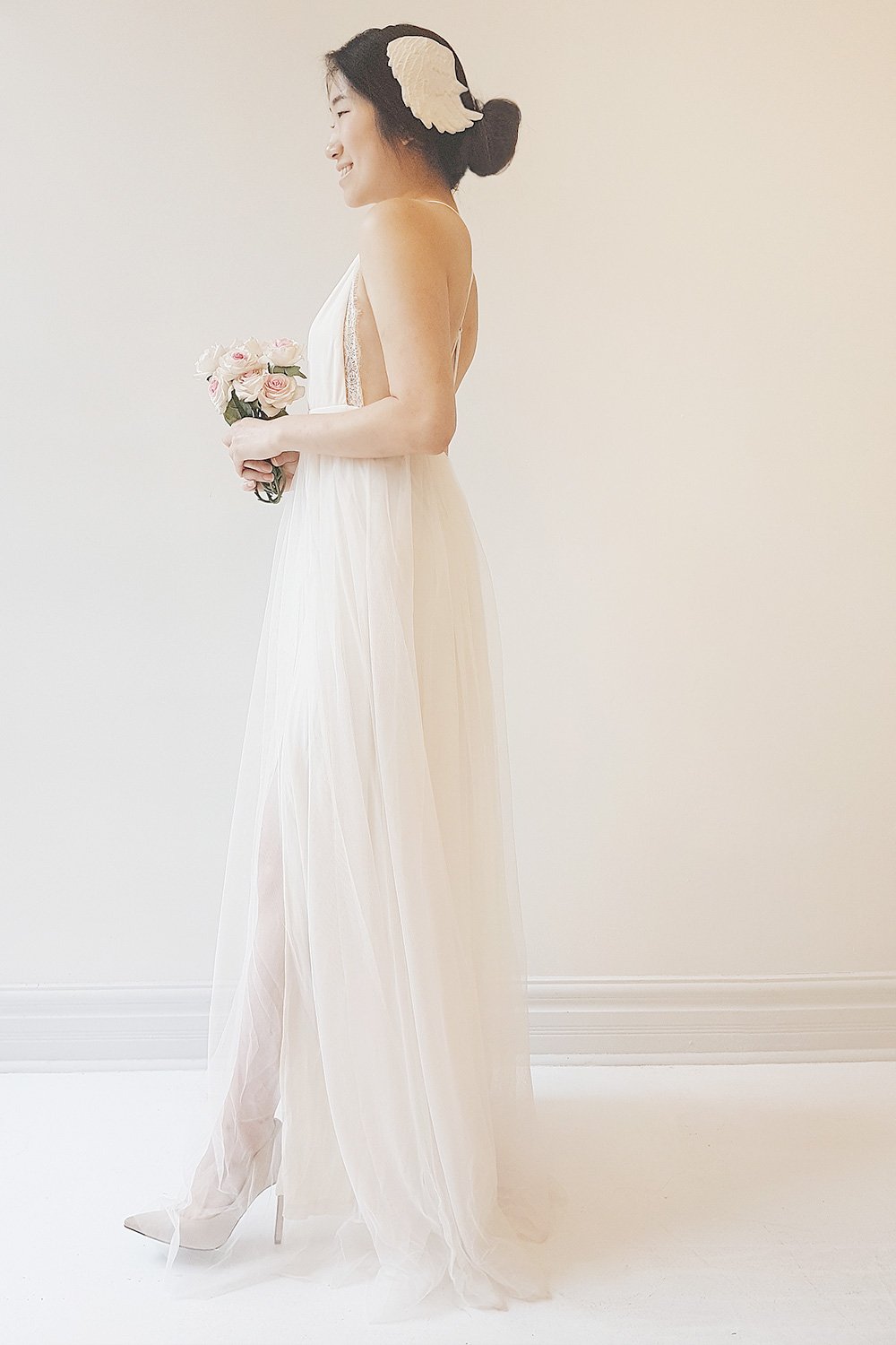 Laycy Ice | Cream Mesh Gown with Plunging Neckline