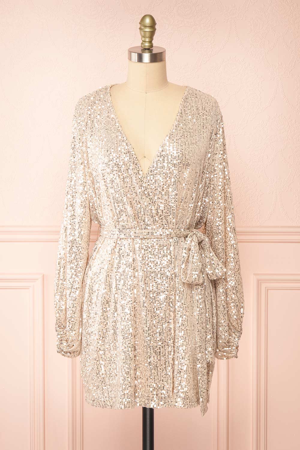Leanie Short Sequin Wrap Dress w/ Belt | Boutique 1861 front view