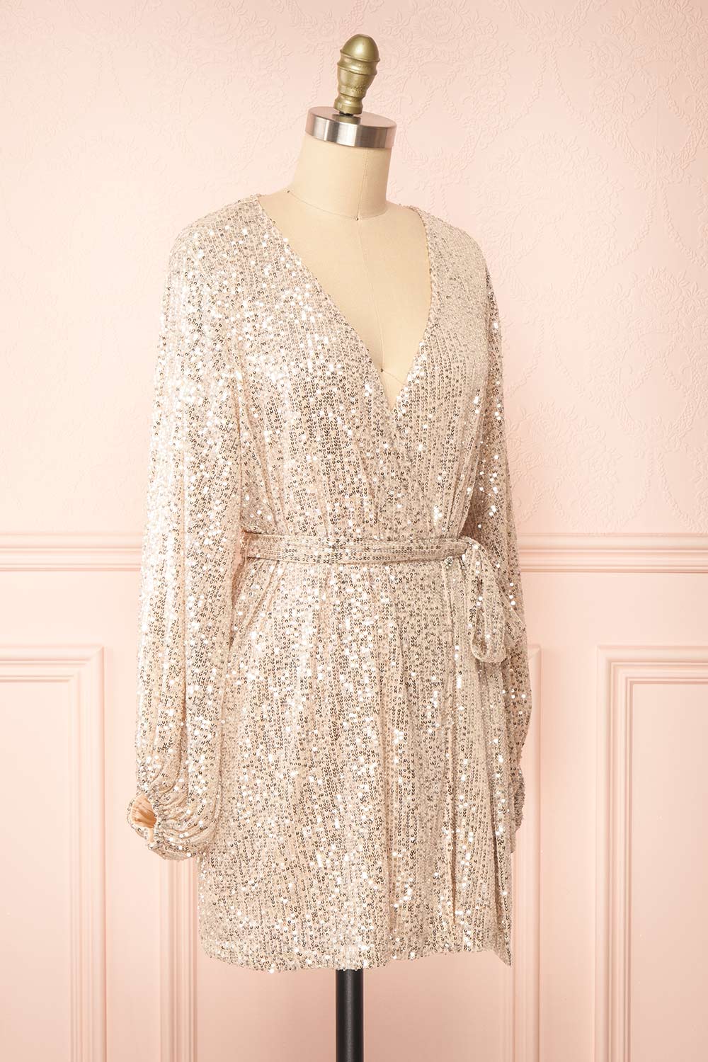 Leanie Short Sequin Wrap Dress w/ Belt | Boutique 1861 side view