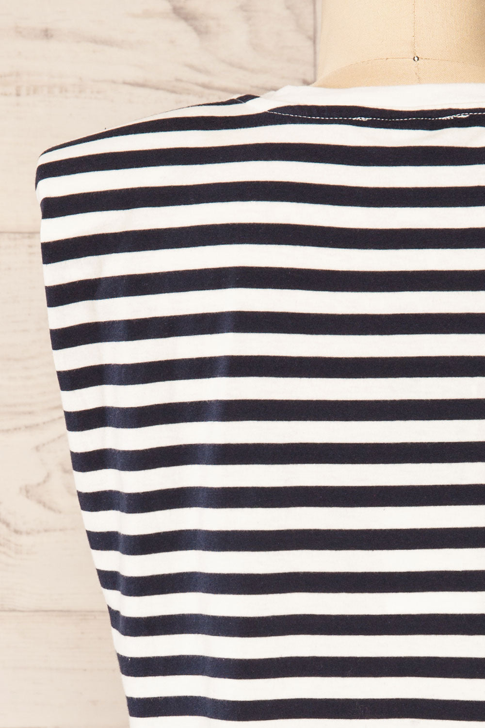 Leba Navy Shoulder Padded Striped Shirt | La petite garçonne back close-up