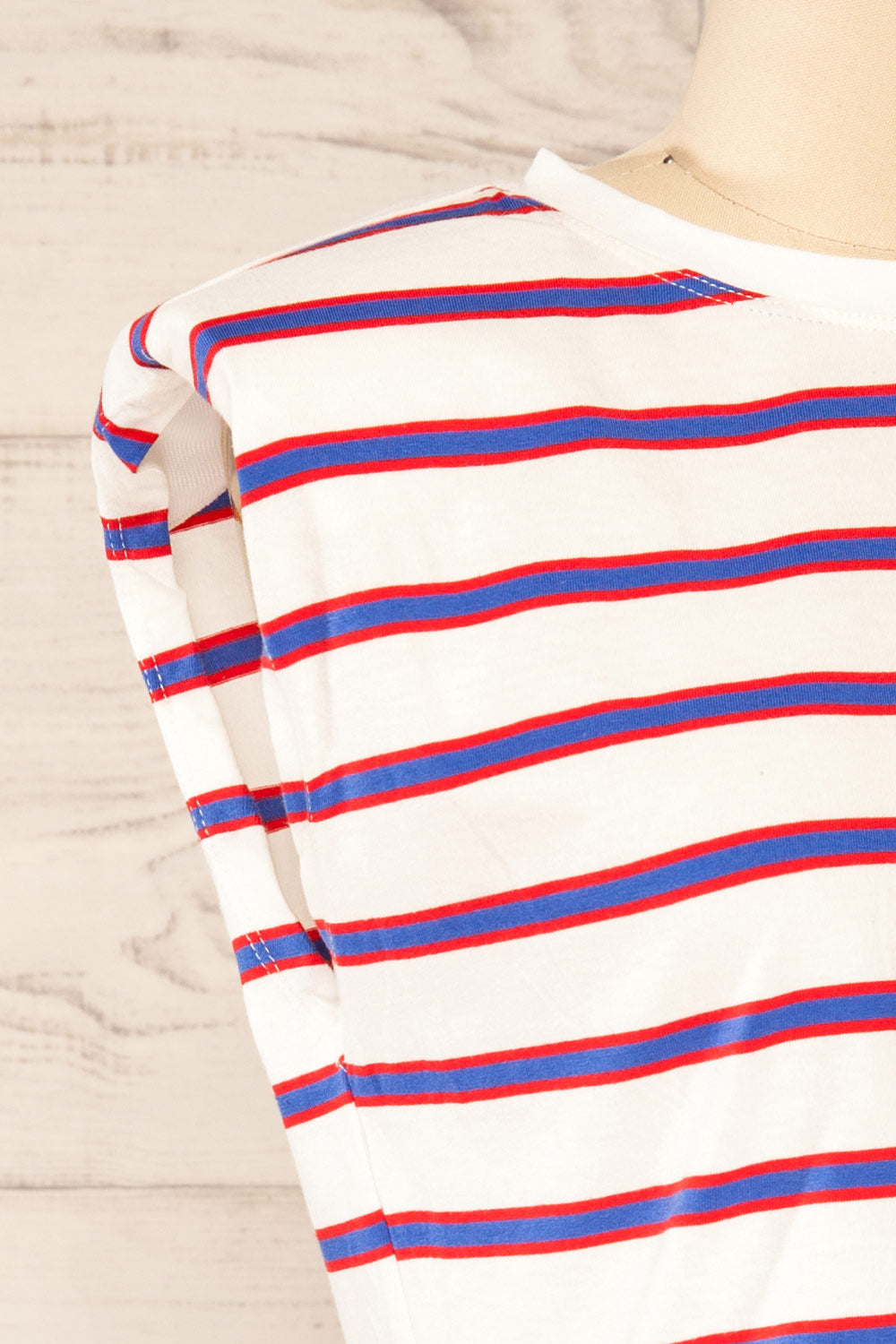 Leba Red Shoulder Padded Striped Shirt | La petite garçonne side close-up