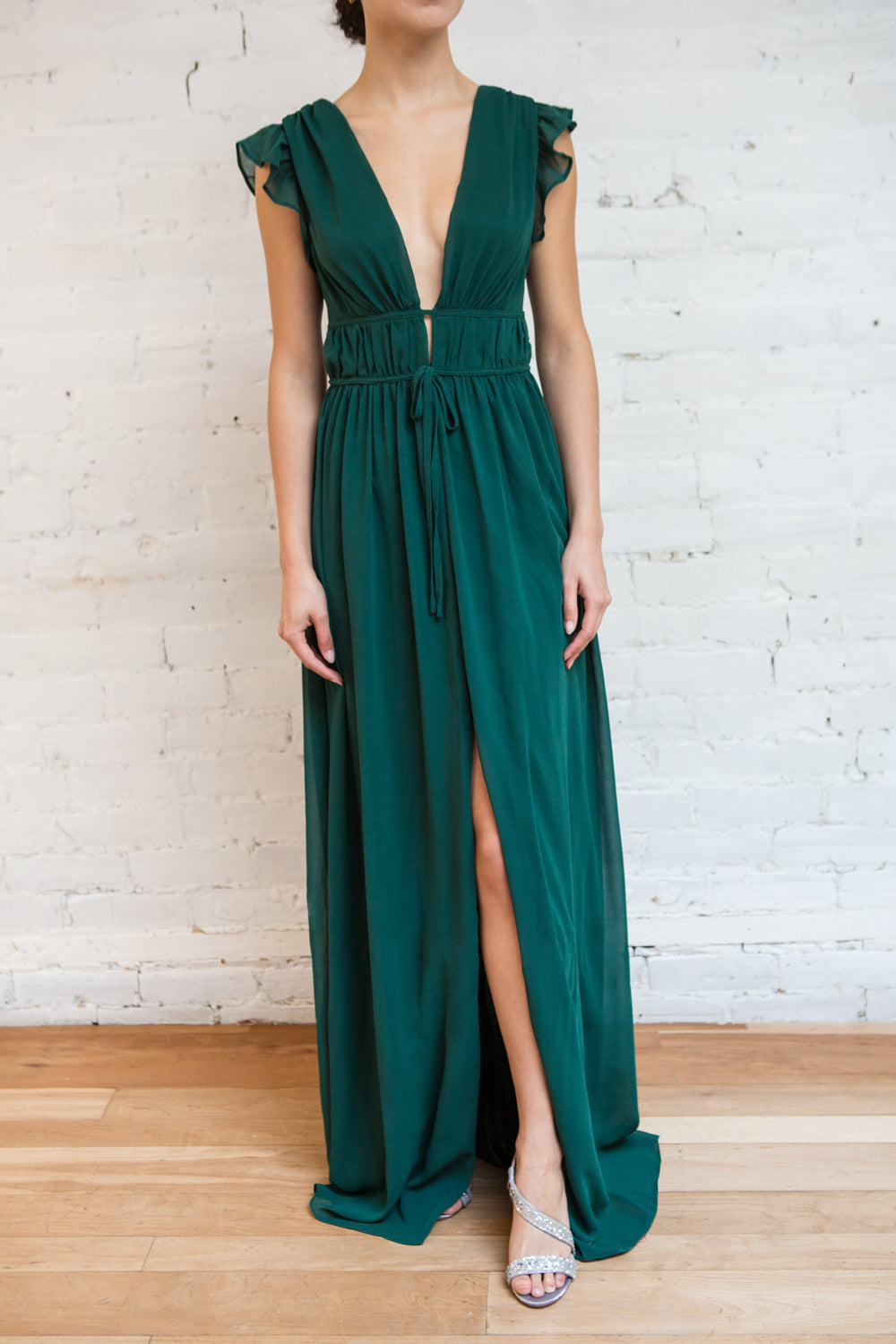 Leony Burgundy V-Neck Chiffon Maxi Dress | Boudoir 1861 model