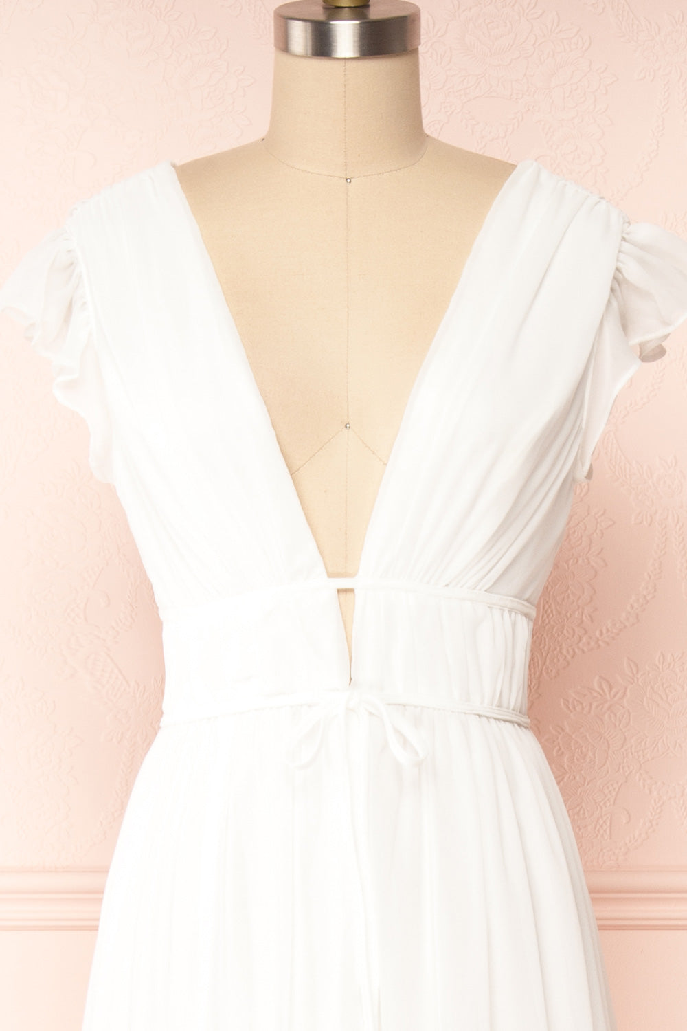 Leony Ivory V-Neck Chiffon Maxi Dress | Boudoir 1861 front close up