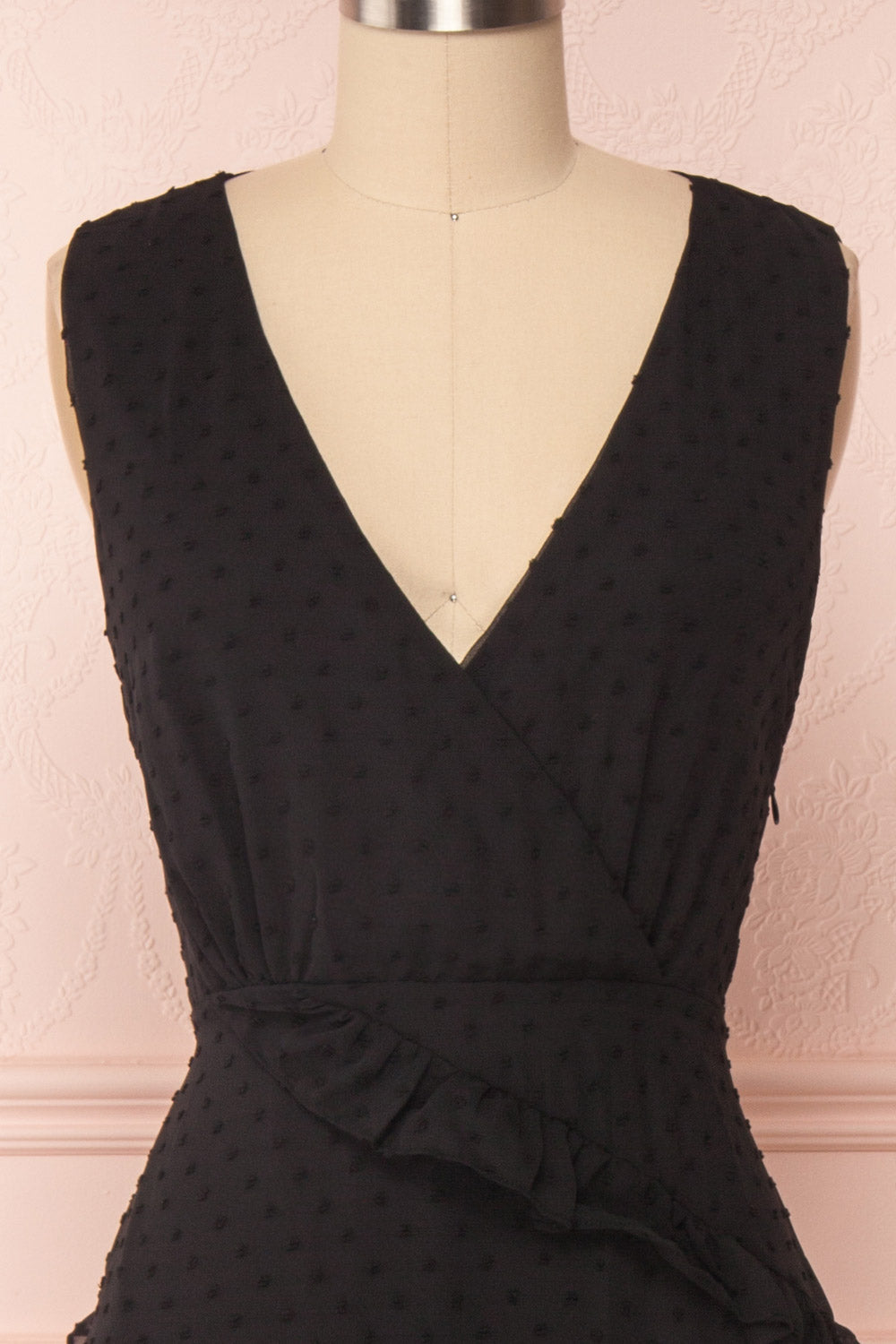 Lesya Black Plumetis Midi A-Line Dress w/ Ruffles | Boutique 1861 front close-up