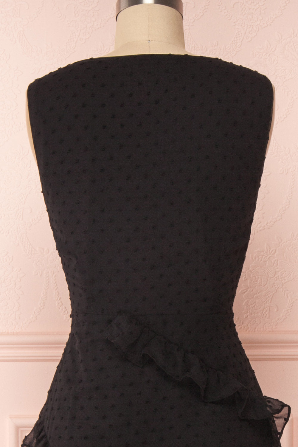 Lesya Black Plumetis Midi A-Line Dress w/ Ruffles | Boutique 1861 back close-up