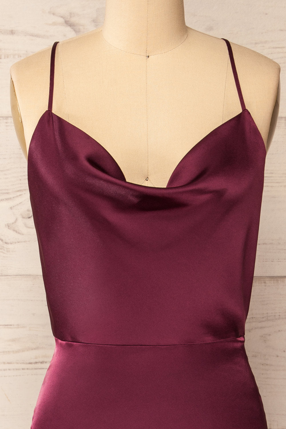 Letheria Purple Cowl Neck Satin Maxi Dress | La petite garçonne front close-up