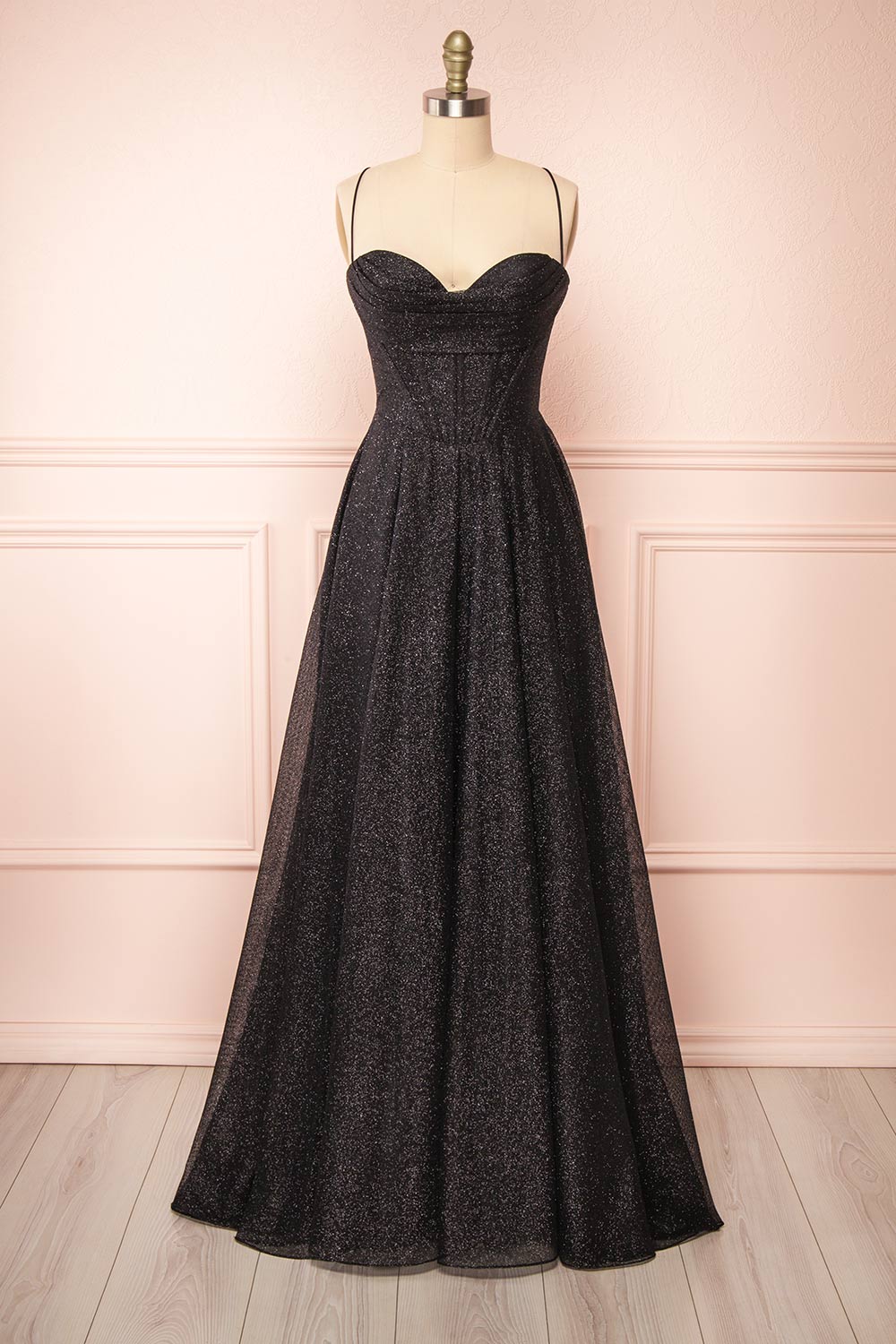 Lexy Black Sparkly Cowl Neck Maxi Dress | Boutique 1861 front view