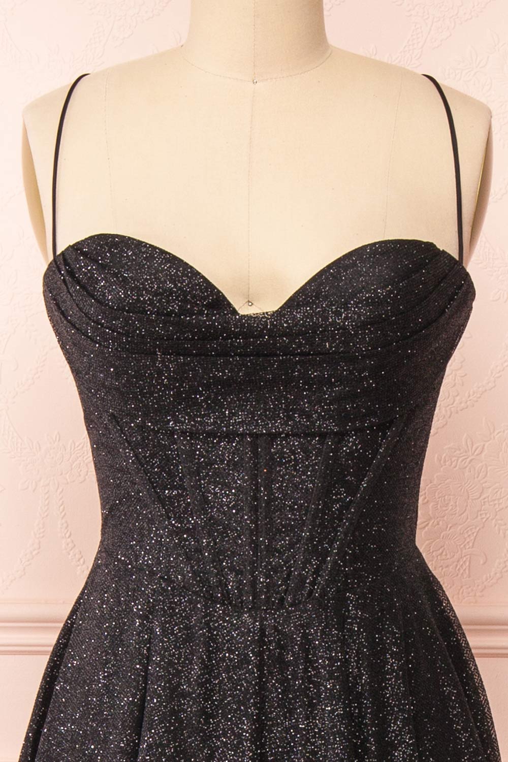 Lexy Black Sparkly Cowl Neck Maxi Dress | Boutique 1861 front close-up 