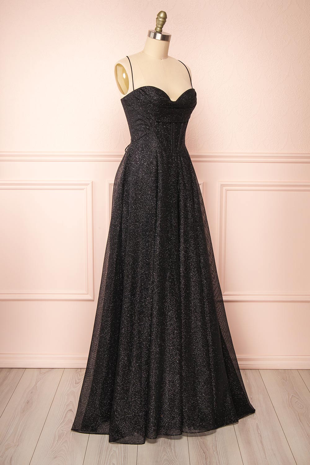 Lexy Black Sparkly Cowl Neck Maxi Dress | Boutique 1861 side view