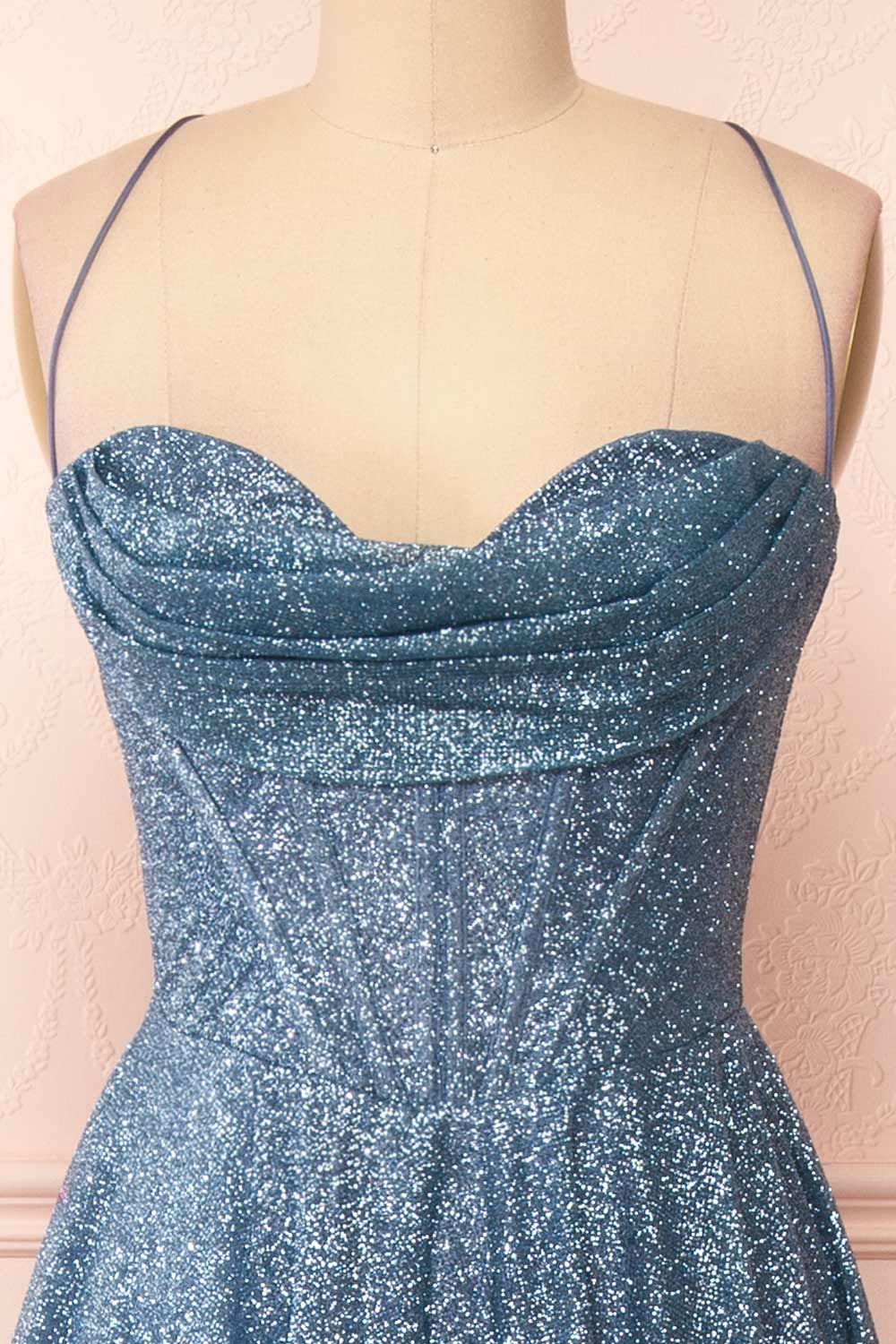 Lexy Blue Grey Sparkly Cowl Neck Maxi Dress | Boutique 1861 front close-up
