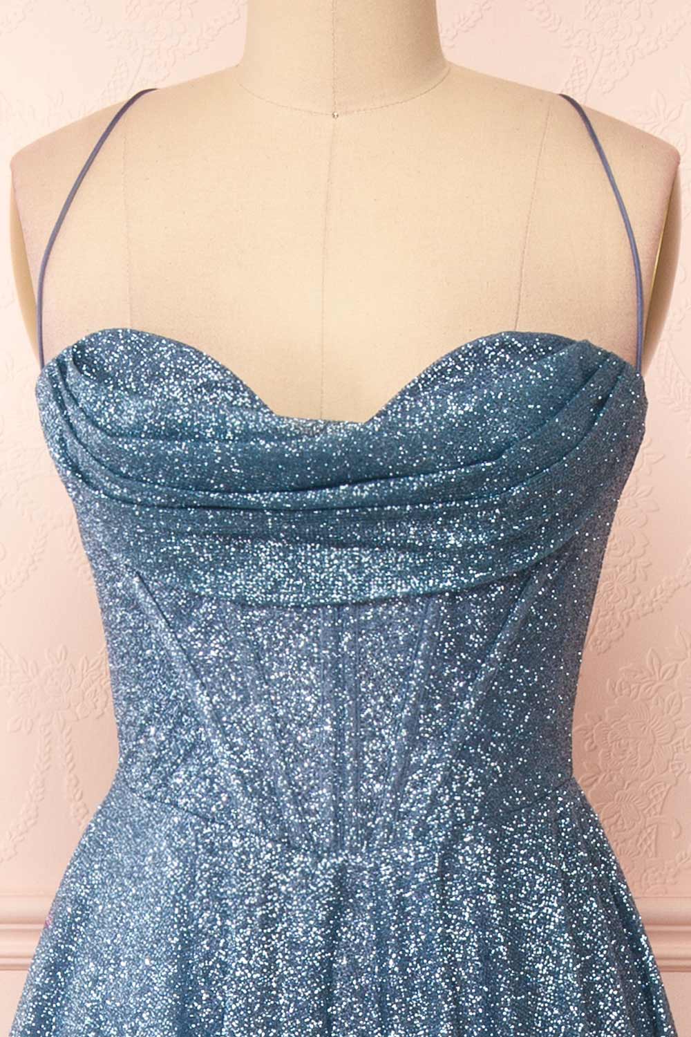 Lexy Blue Grey Sparkly Cowl Neck Maxi Dress | Boutique 1861 front close-up