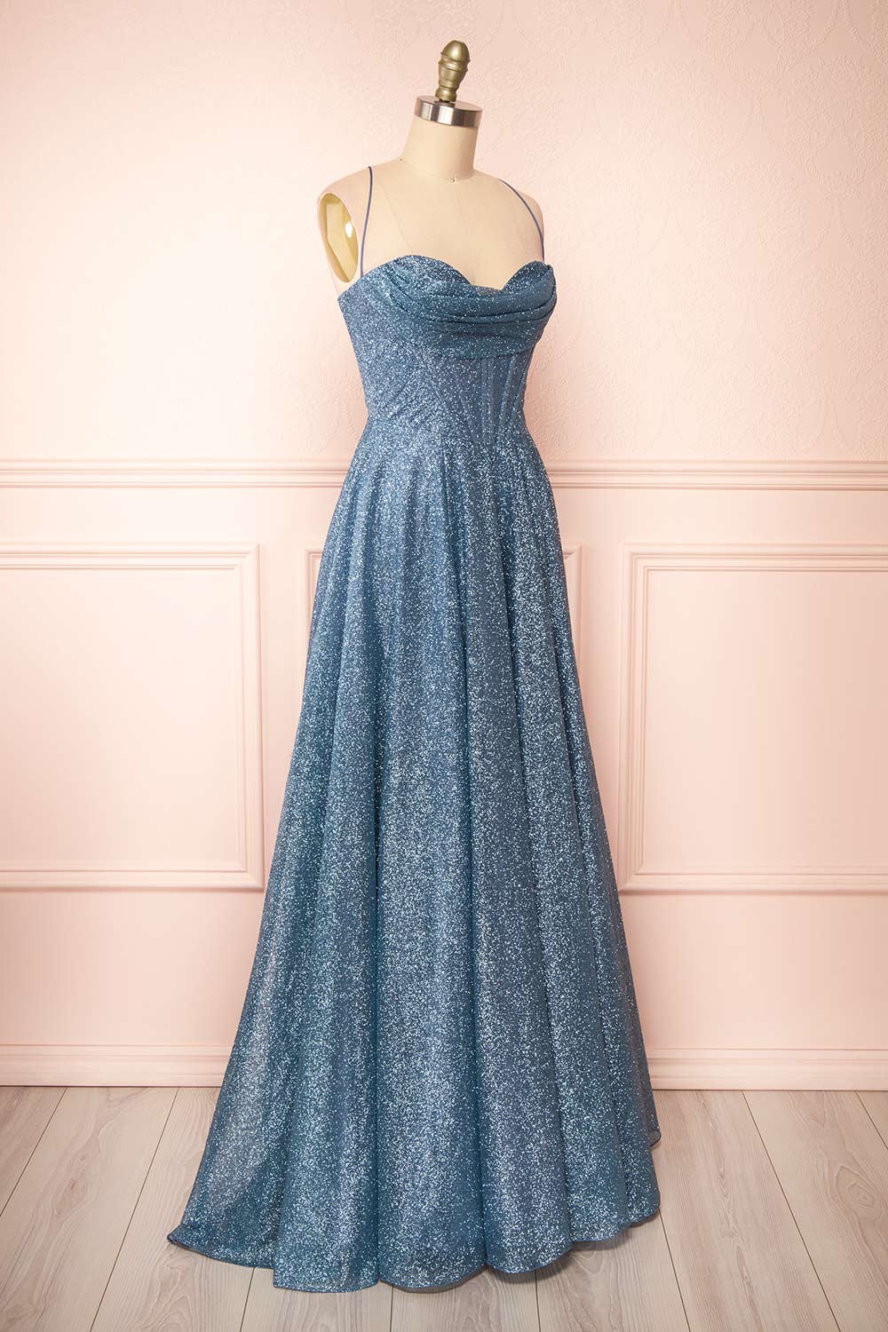 Lexy Blue Grey Sparkly Cowl Neck Maxi Dress | Boutique 1861 side view