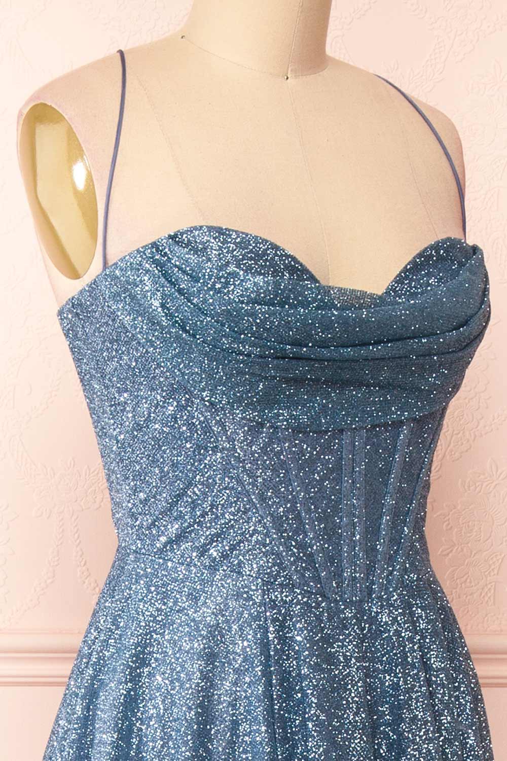 Lexy Blue Grey Sparkly Cowl Neck Maxi Dress | Boutique 1861 side close-up