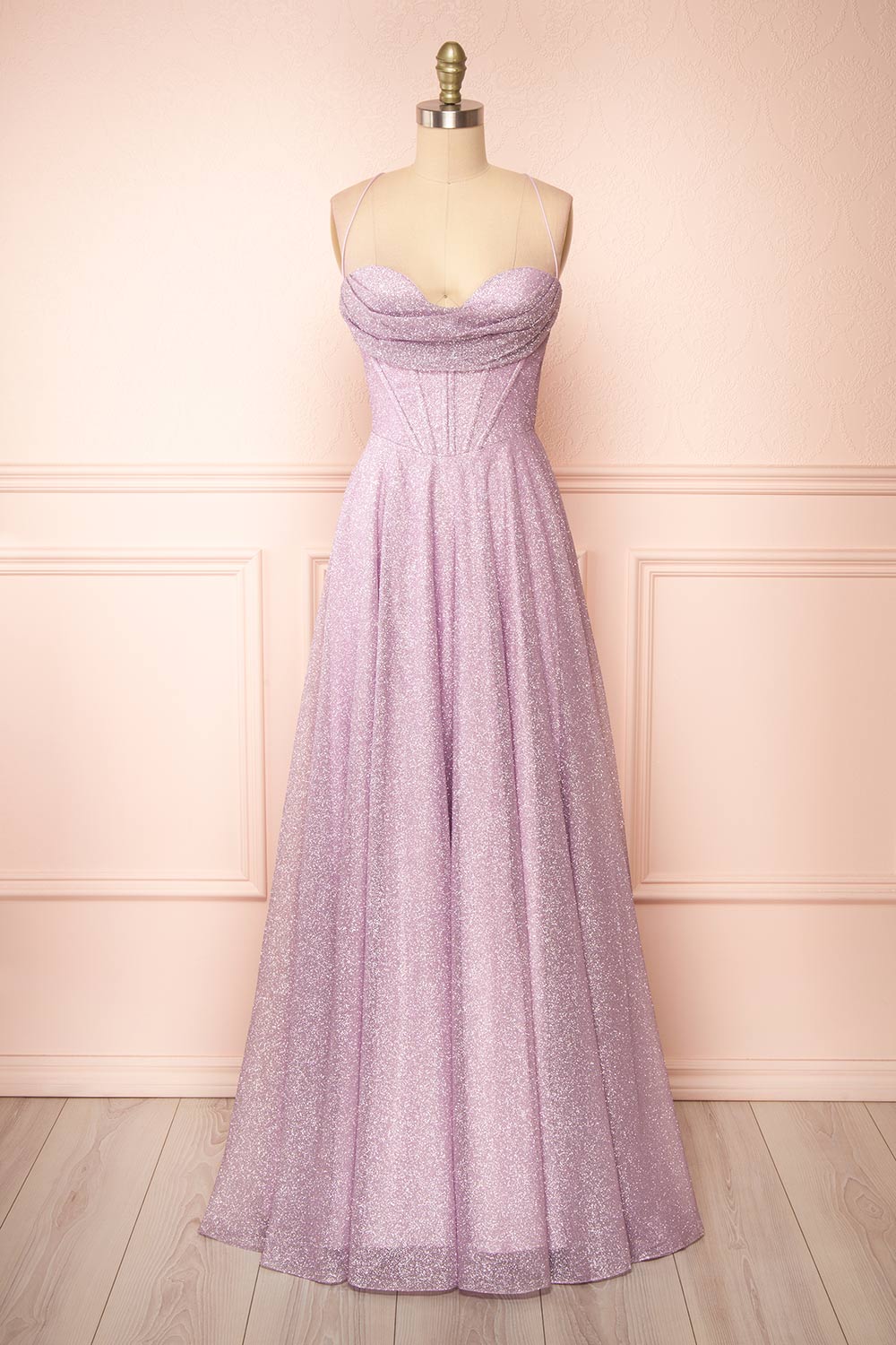 Lexy Lilac Sparkly Cowl Neck Maxi Dress | Boutique 1861 front view
