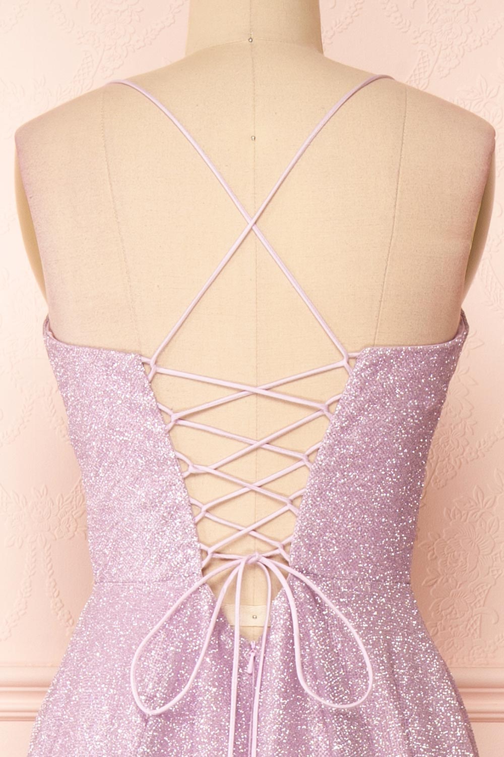 Lexy Lilac Sparkly Cowl Neck Maxi Dress | Boutique 1861 back close-up