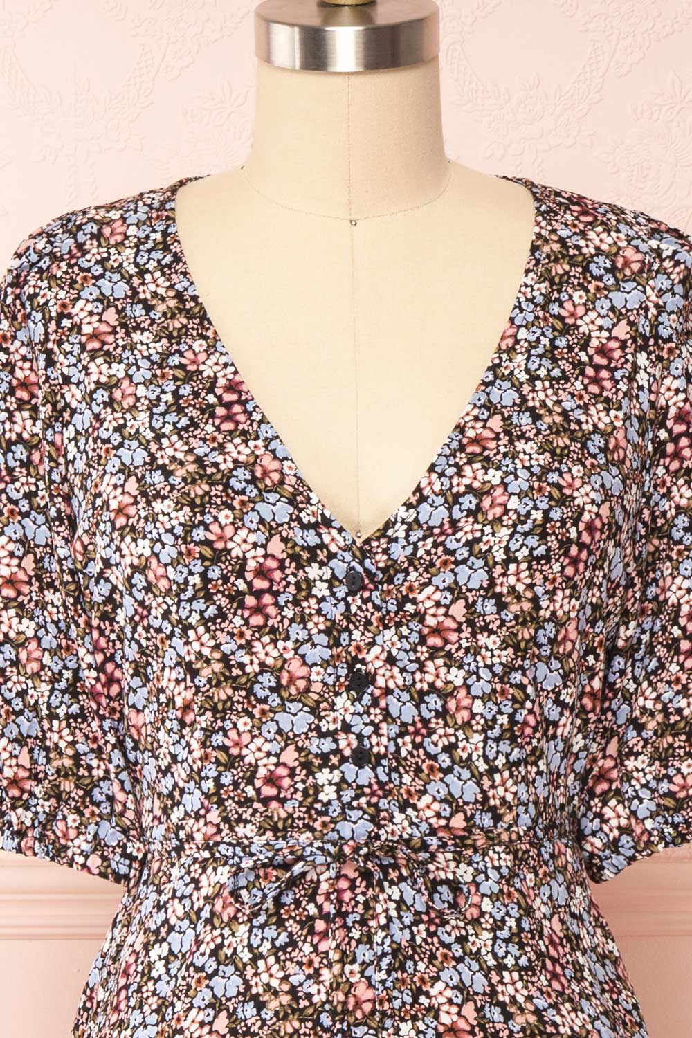 Liana Floral Short V-Neck Dress | Boutique 1861 front close up