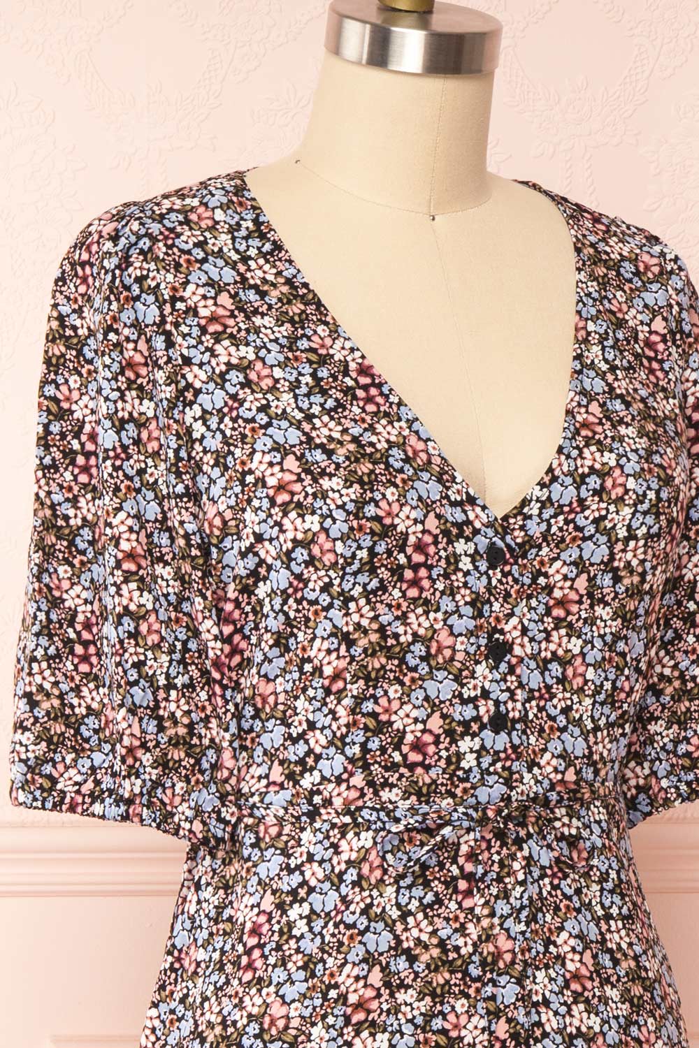 Liana Floral Short V-Neck Dress | Boutique 1861 side close up
