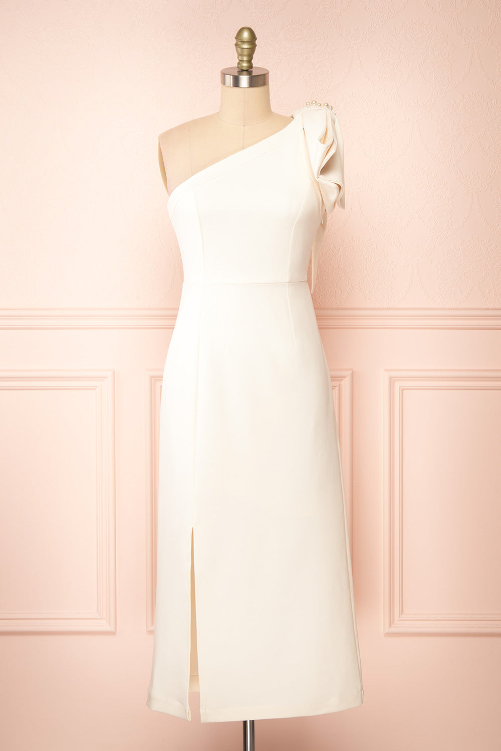 Liliana One Shoulder Ivory Midi Dress w/ Bow front view