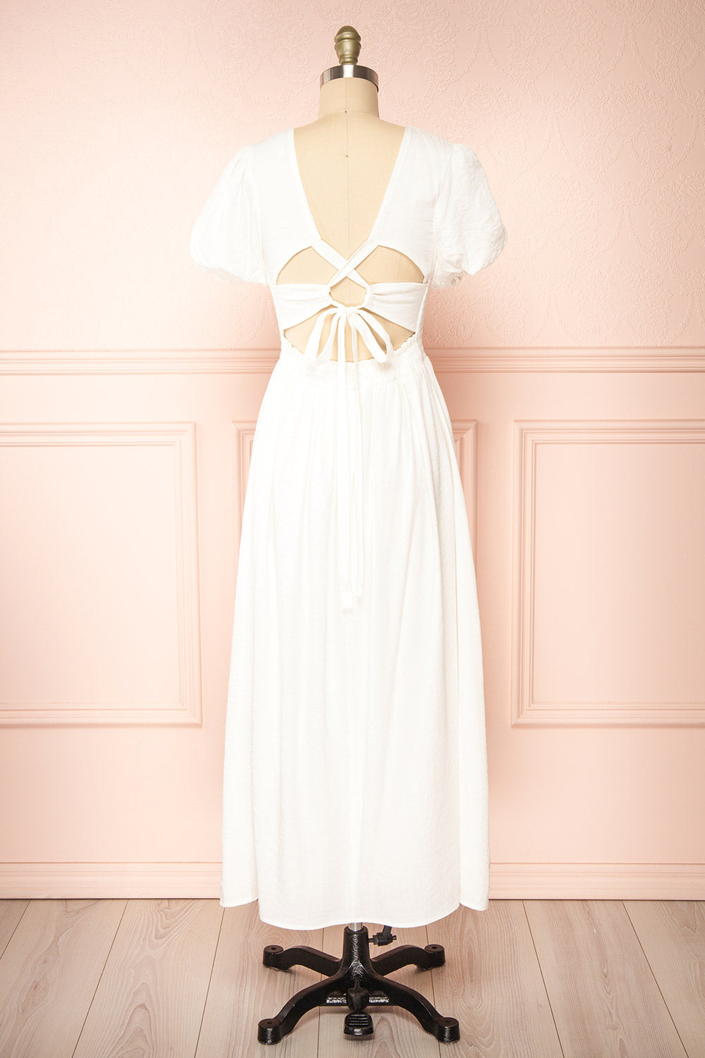 Lilou Ivory Open-back Midi Dress w/ Puffy Sleeves | Boutique 1861 Lilou Ivory Open-back Midi Dress w/ Puffy Sleeves | Boutique 1861