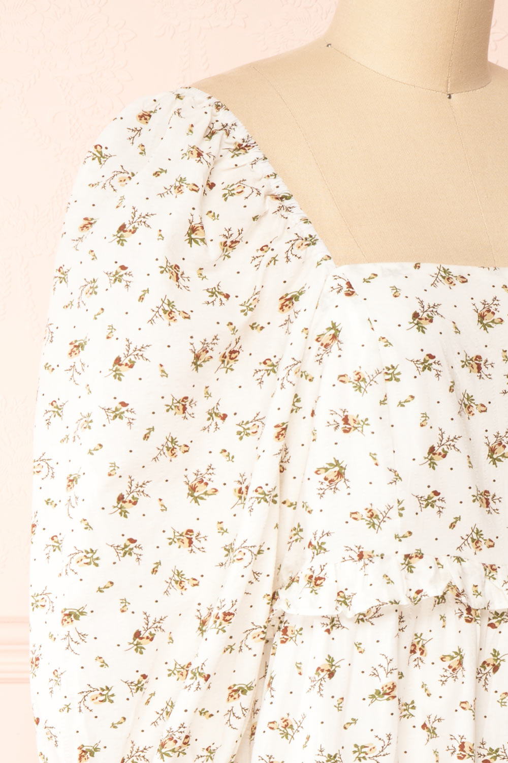 Linea White Floral Short Dress w/ Puffy Sleeves | Boutique 1861 side close-up