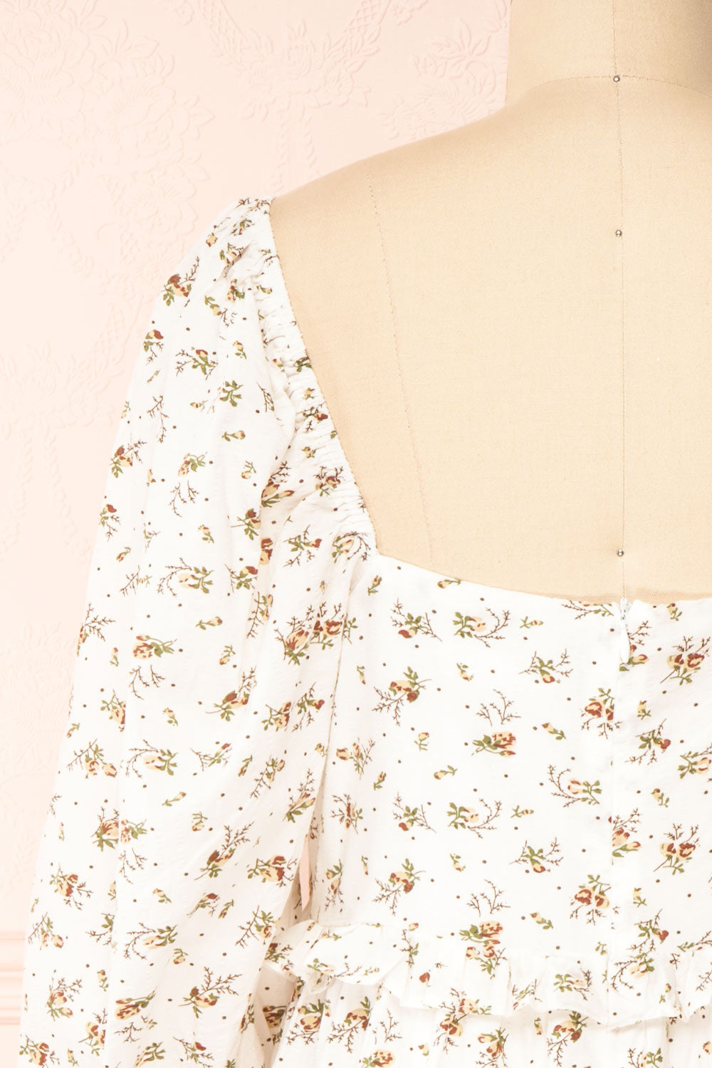 Linea White Floral Short Dress w/ Puffy Sleeves | Boutique 1861 back close-up
