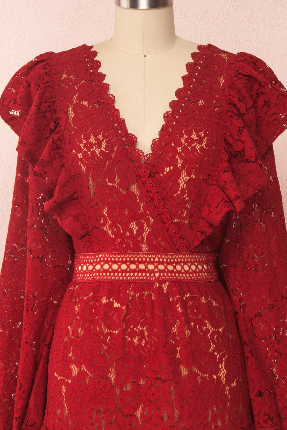 Liriope Red Lace A-Line Dress with Wrap Neckline | Boutique 1861 front close-up