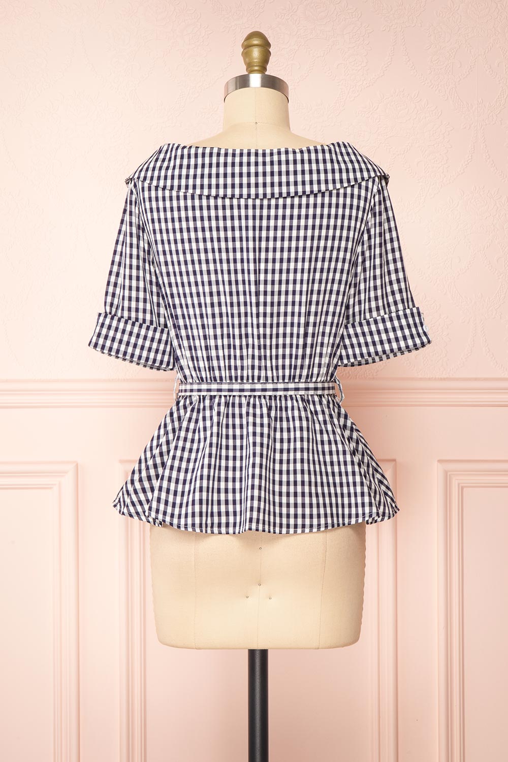Lisa-Maria Navy Blue Gingham Peplum Top | Boutique 1861 back view