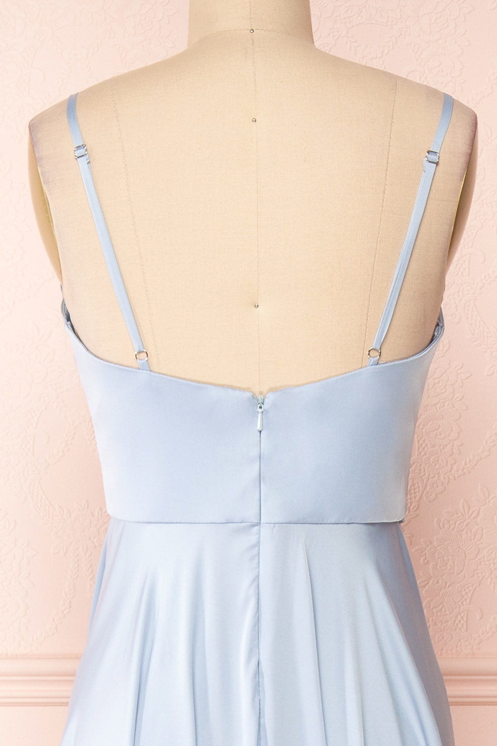 Lizza Blue Satin Maxi Dress w/ Slit | Boudoir 1861 back close-up