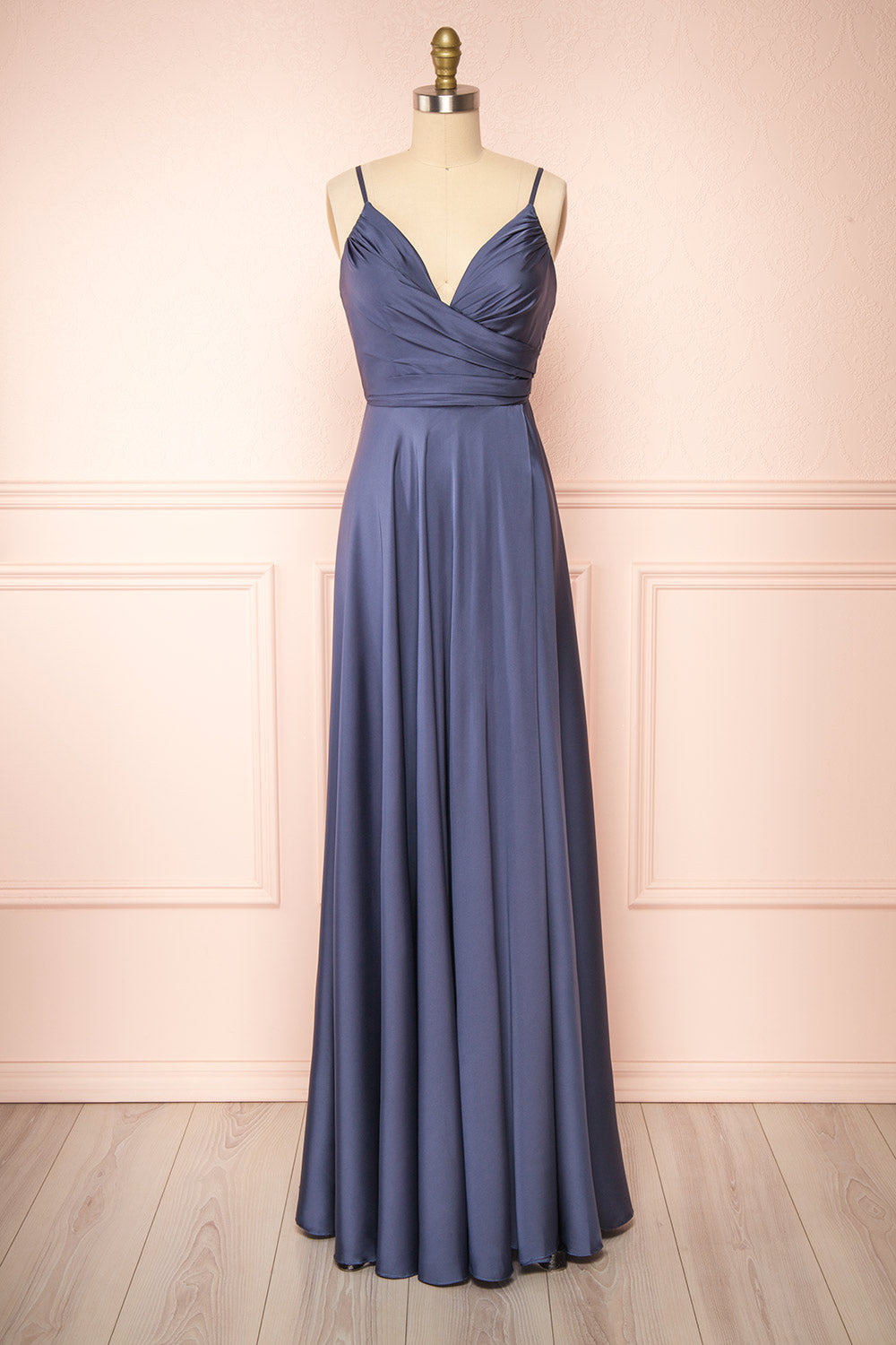 Lizza Blue Grey Satin Maxi Dress w/ Slit | Boudoir 1861 front view