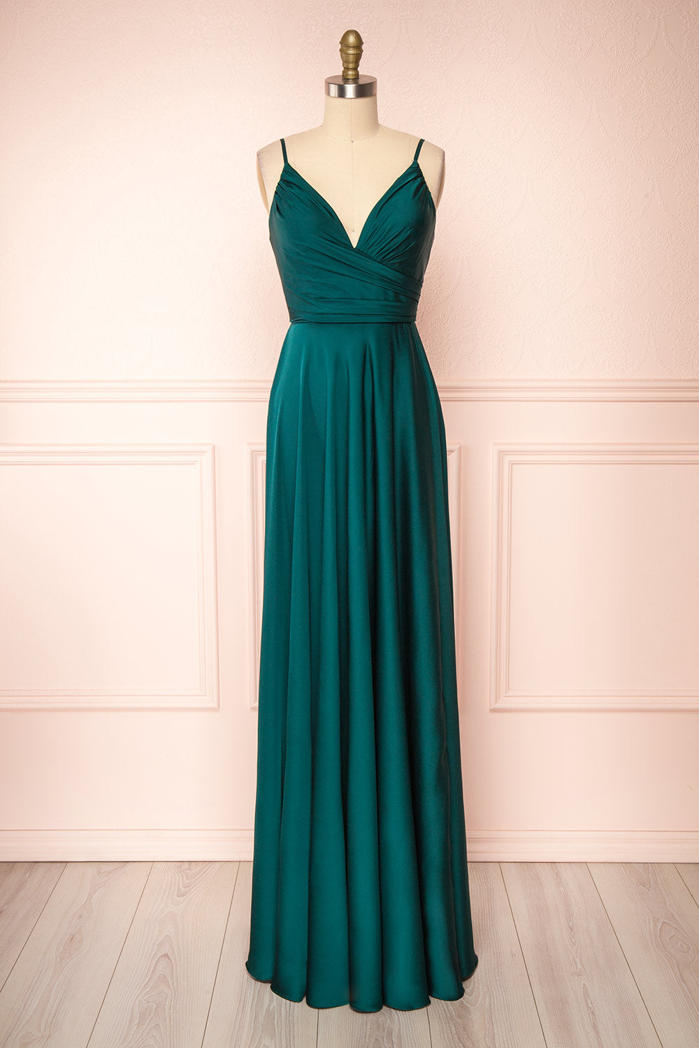 Lizza Green Satin Maxi Dress w/ Slit | Boudoir 1861 front view