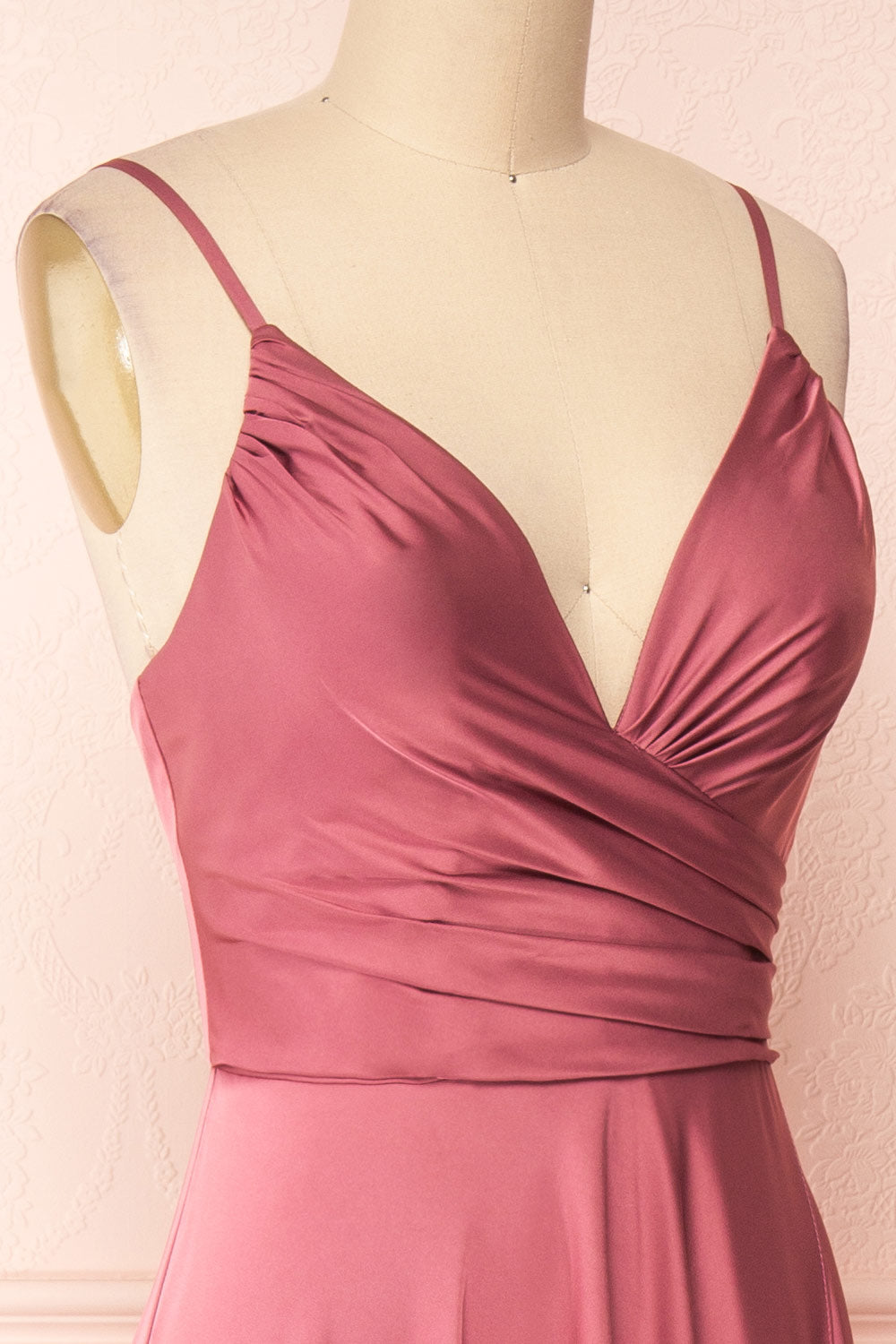 Lizza Pink Satin Maxi Dress w/ Slit | Boudoir 1861 side close-up