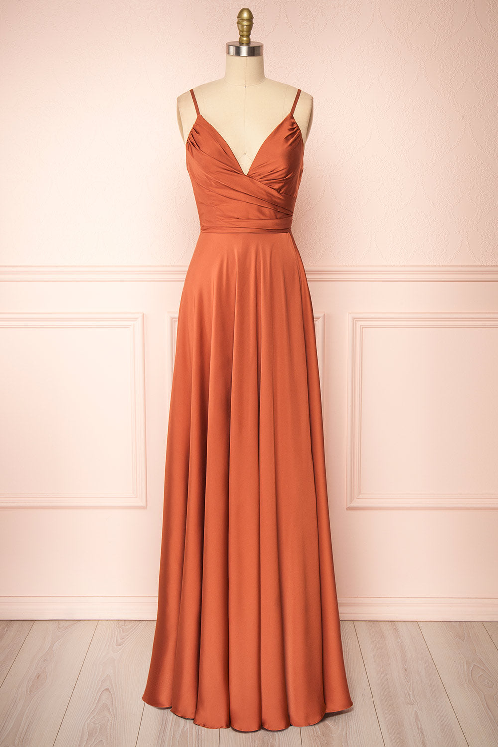 Lizza Rust Satin Maxi Dress w/ Slit | Boudoir 1861 front view