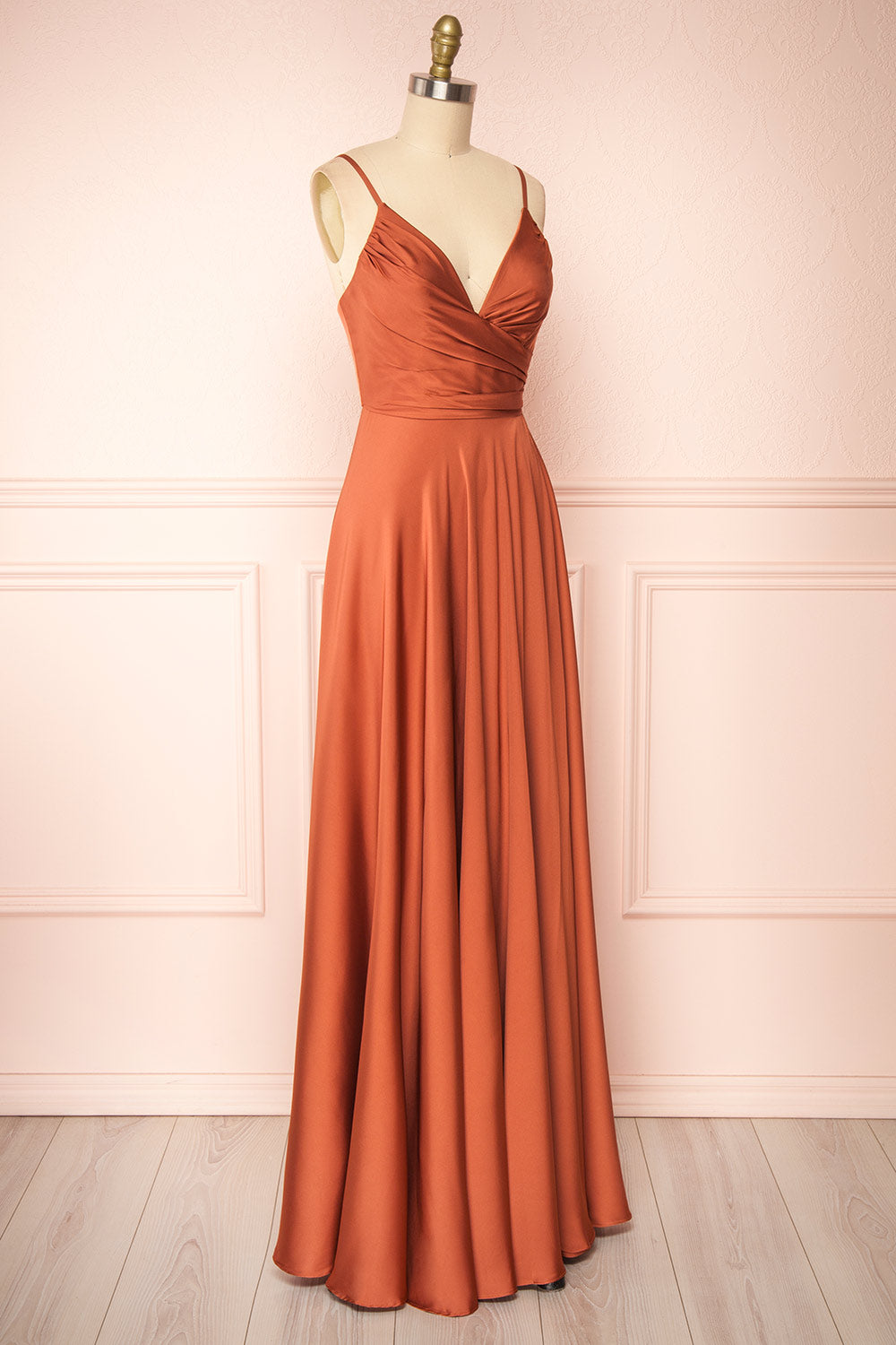 Lizza Rust Satin Maxi Dress w/ Slit | Boudoir 1861 side view