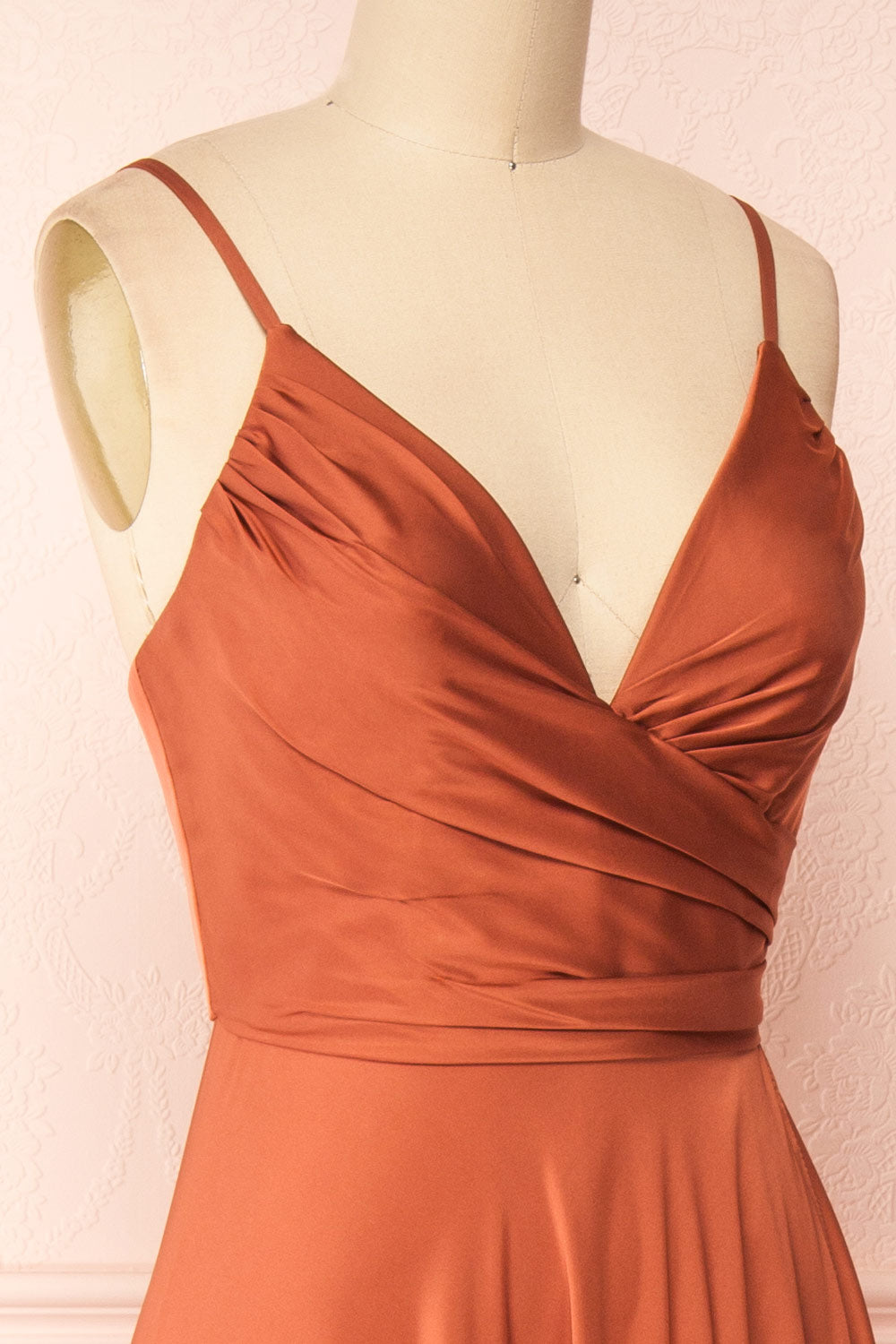 Lizza Rust Satin Maxi Dress w/ Slit | Boudoir 1861 side close-up