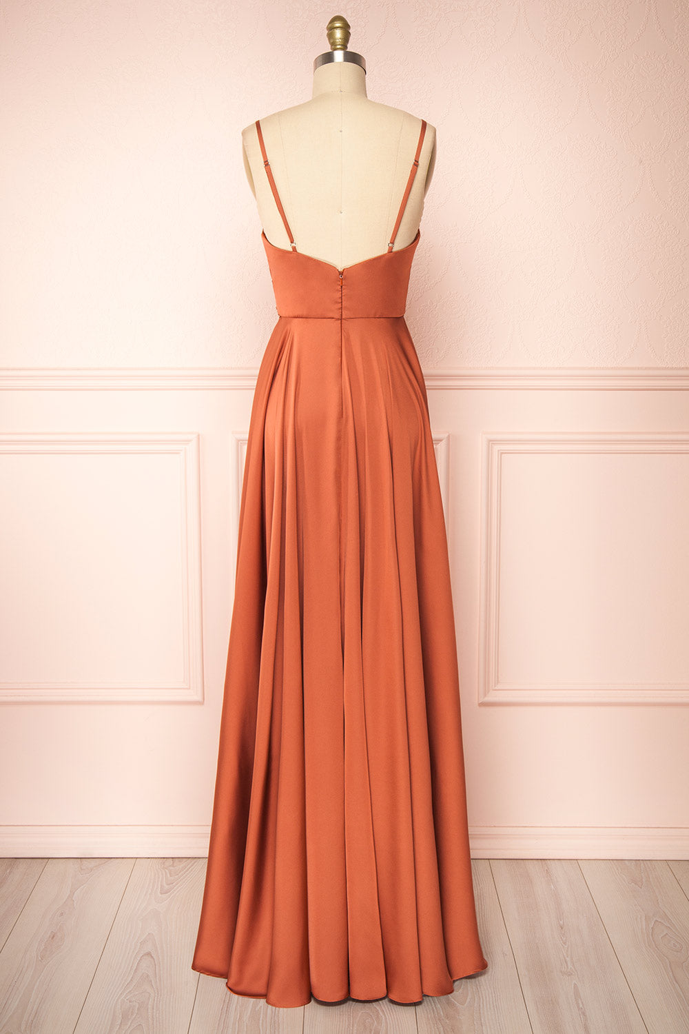 Lizza Rust Satin Maxi Dress w/ Slit | Boudoir 1861 back view