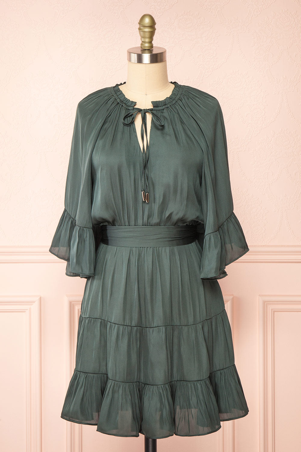 Loana Green Short Dress w/ Ruffles | Boutique 1861 front view