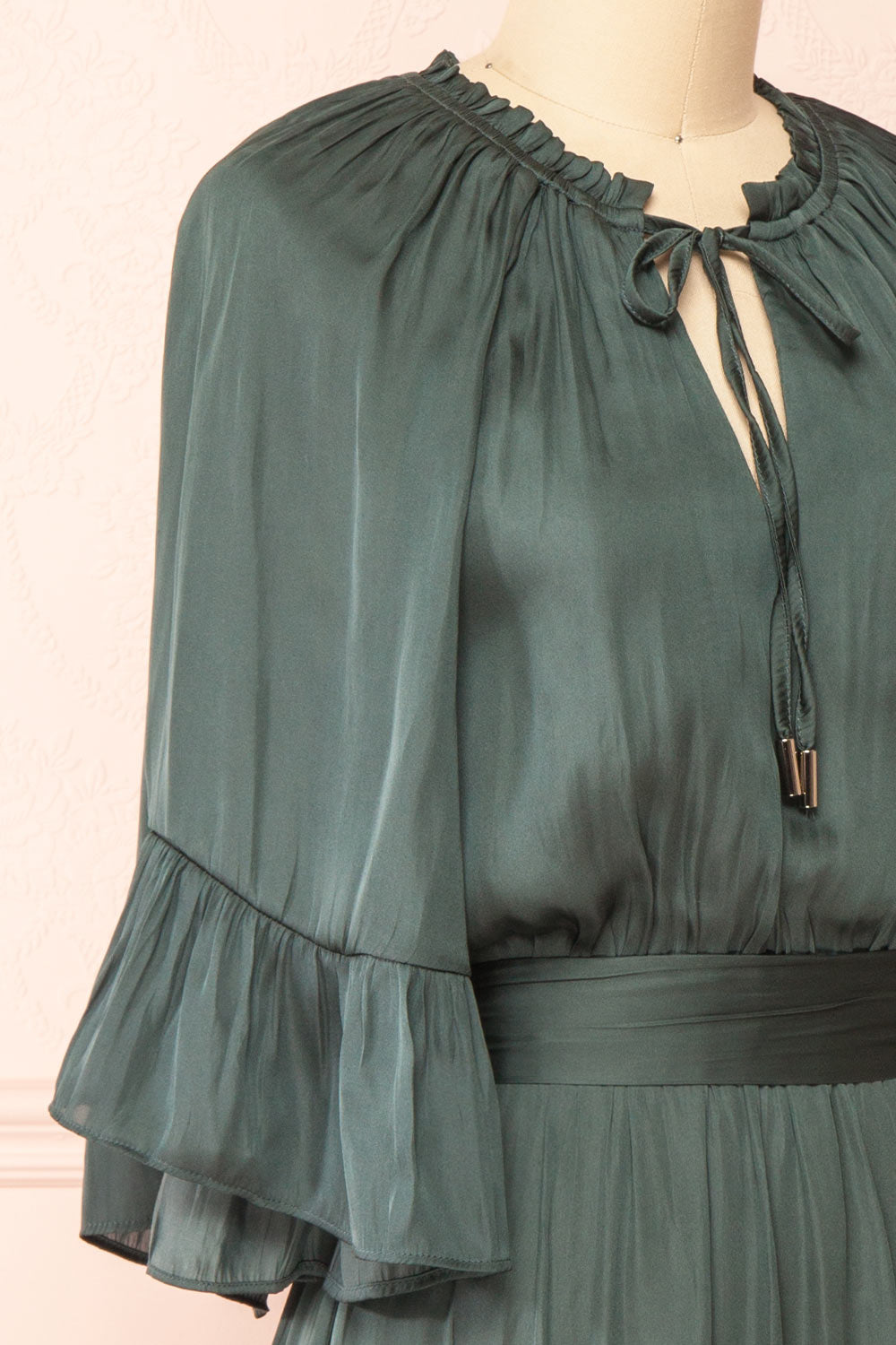 Loana Green Short Dress w/ Ruffles | Boutique 1861 side close-up