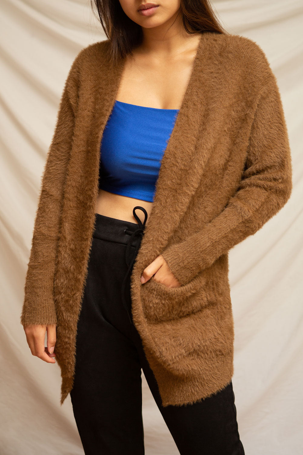 Lodzki Brown Long Fuzzy Cardigan | La petite garçonne on model