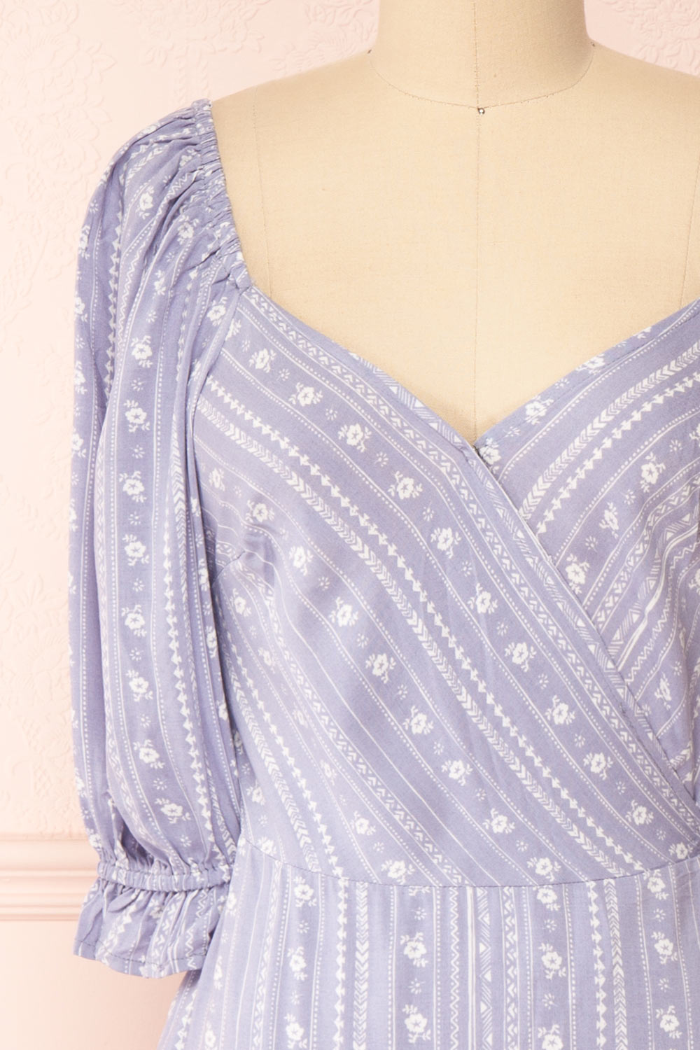 Lorainne Blue Puffed Sleeved Wrap Midi Dress | Boutique 1861 front close-up