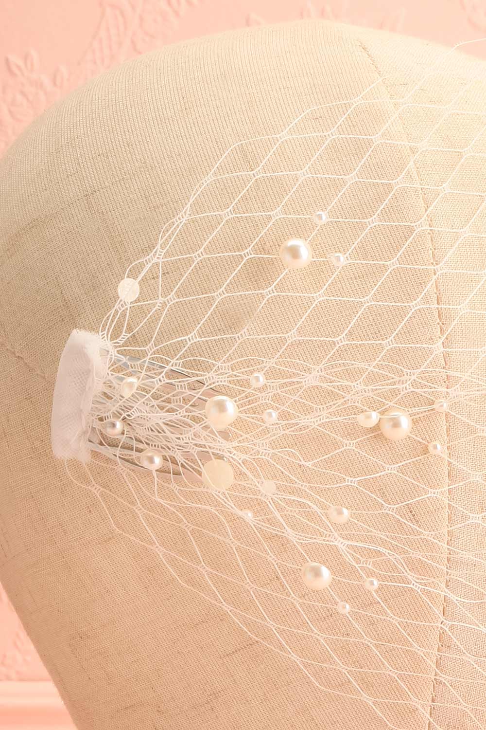Lorenza White Bridal Face Veil Birdcage w/ Pearls | Boudoir 1861 side close-up