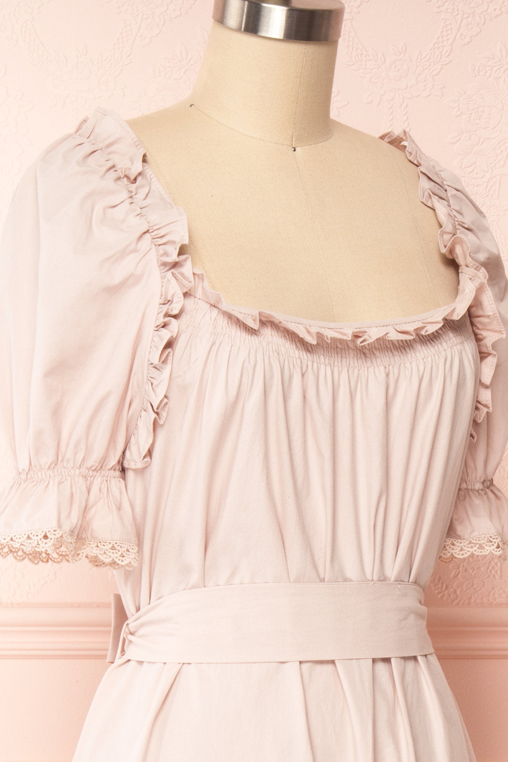 Lorez Dusty Pink Belted Puffy Sleeve Maxi Dress | Boutique 1861 side close up