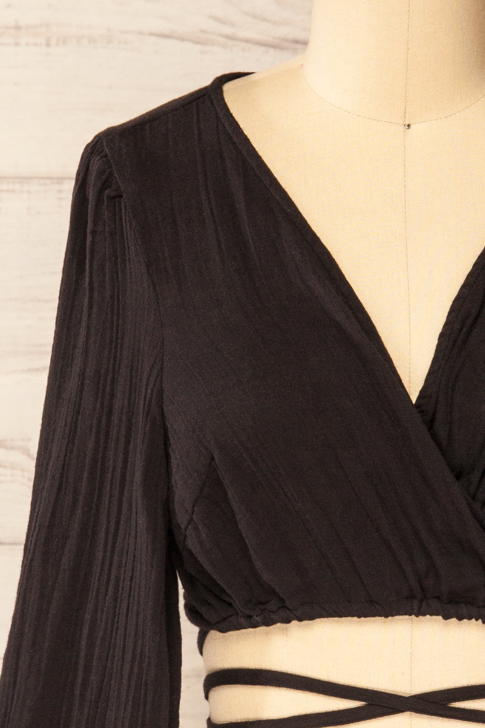 Lormont Black Waist Tie Crop Top | La petite garçonne front close-up