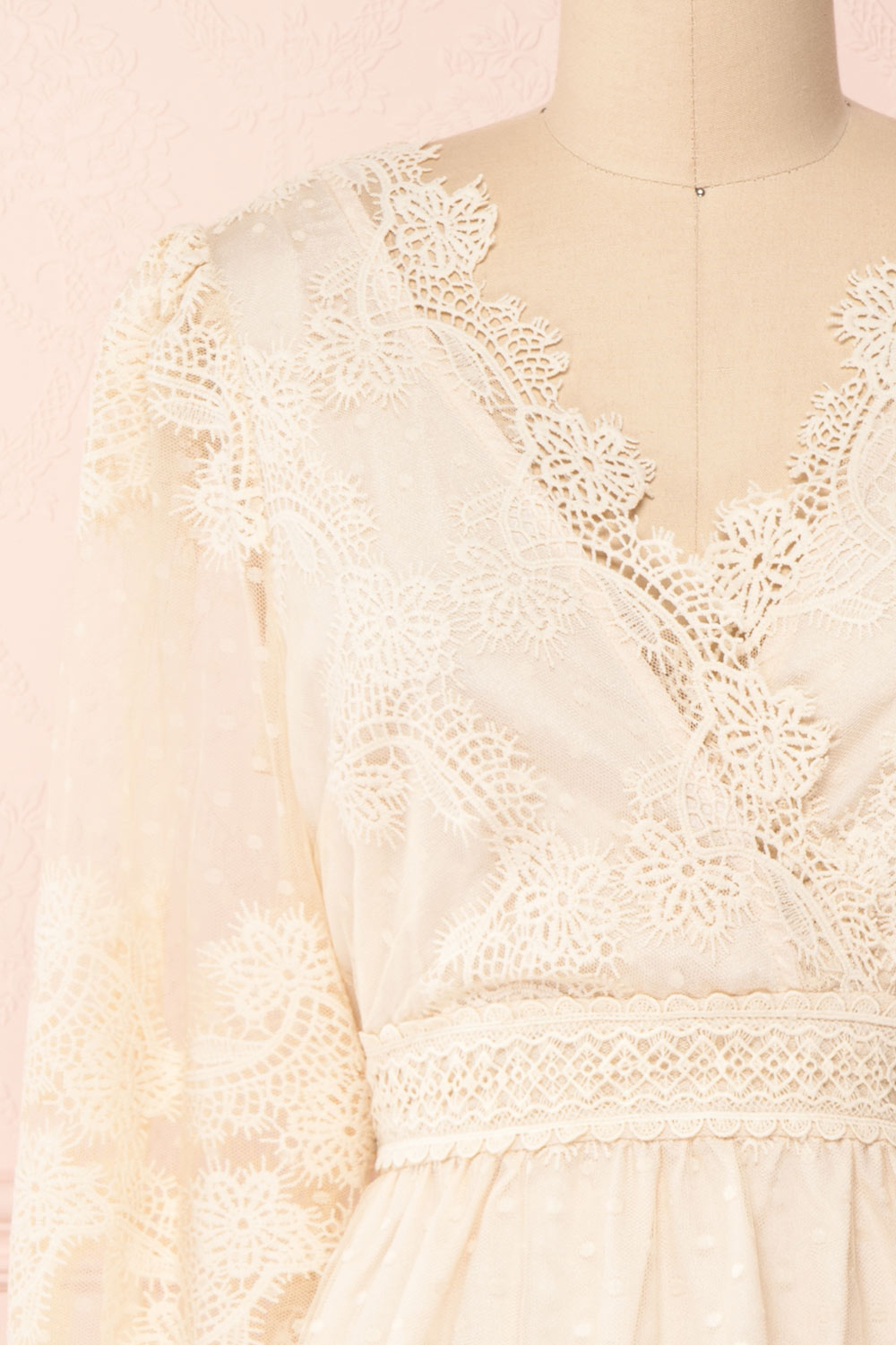 Lornyka Beige Lace Bell Sleeves Peplum Top | Boudoir 1861 front close-up