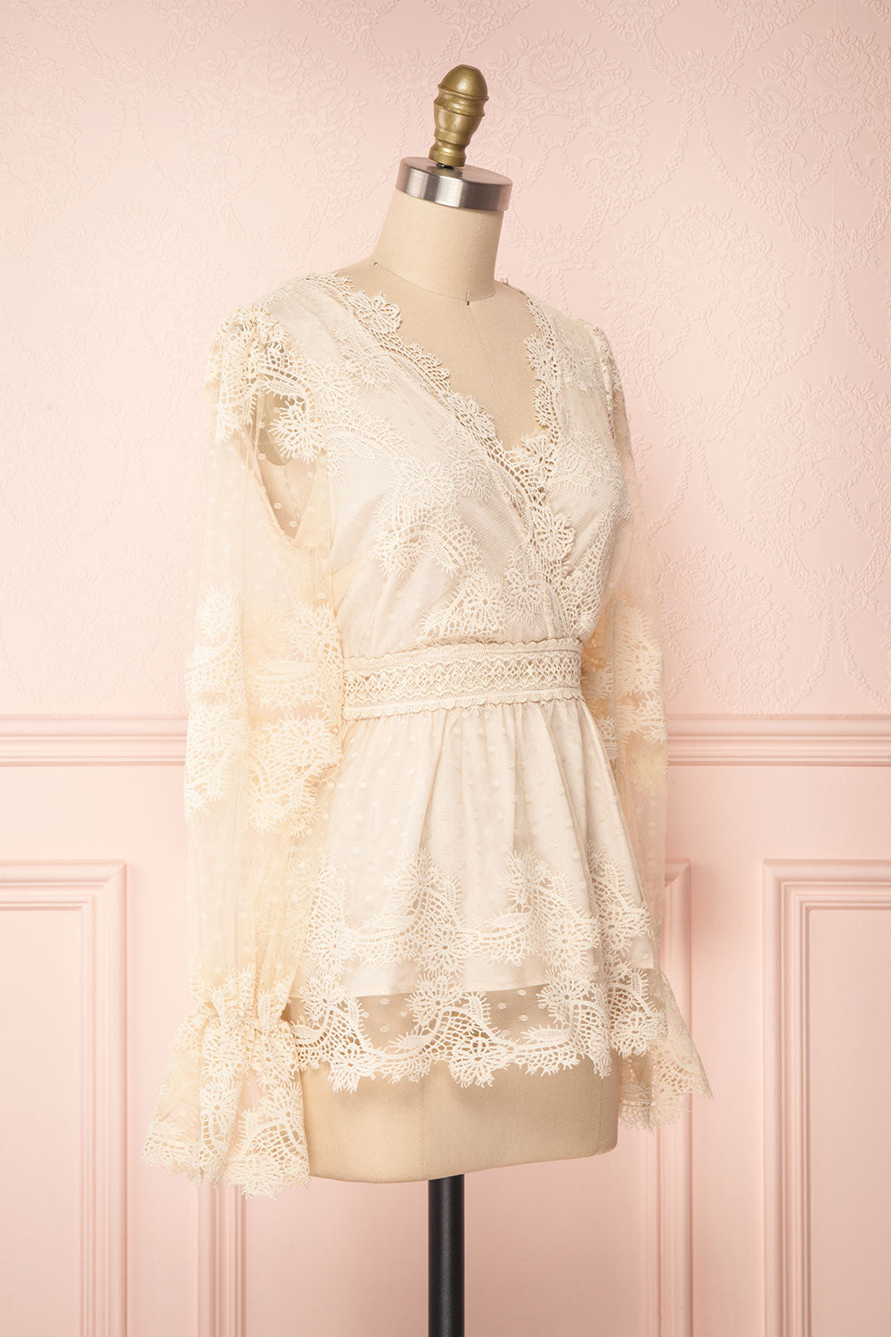 Lornyka Beige Lace Bell Sleeves Peplum Top | Boudoir 1861 side view