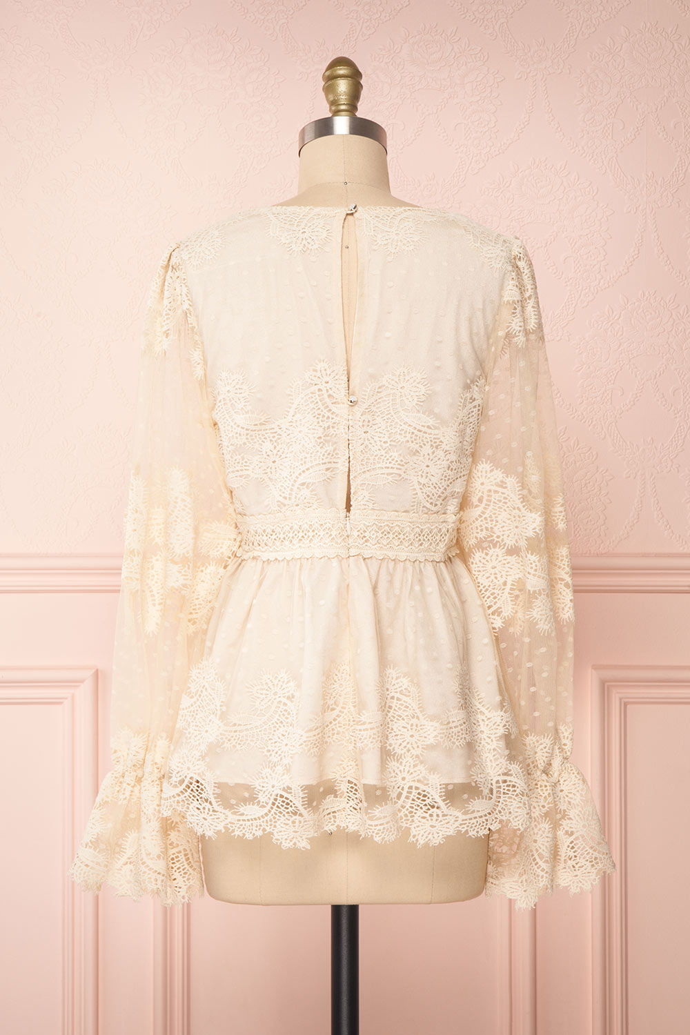 Lornyka Beige Lace Bell Sleeves Peplum Top | Boudoir 1861 back view